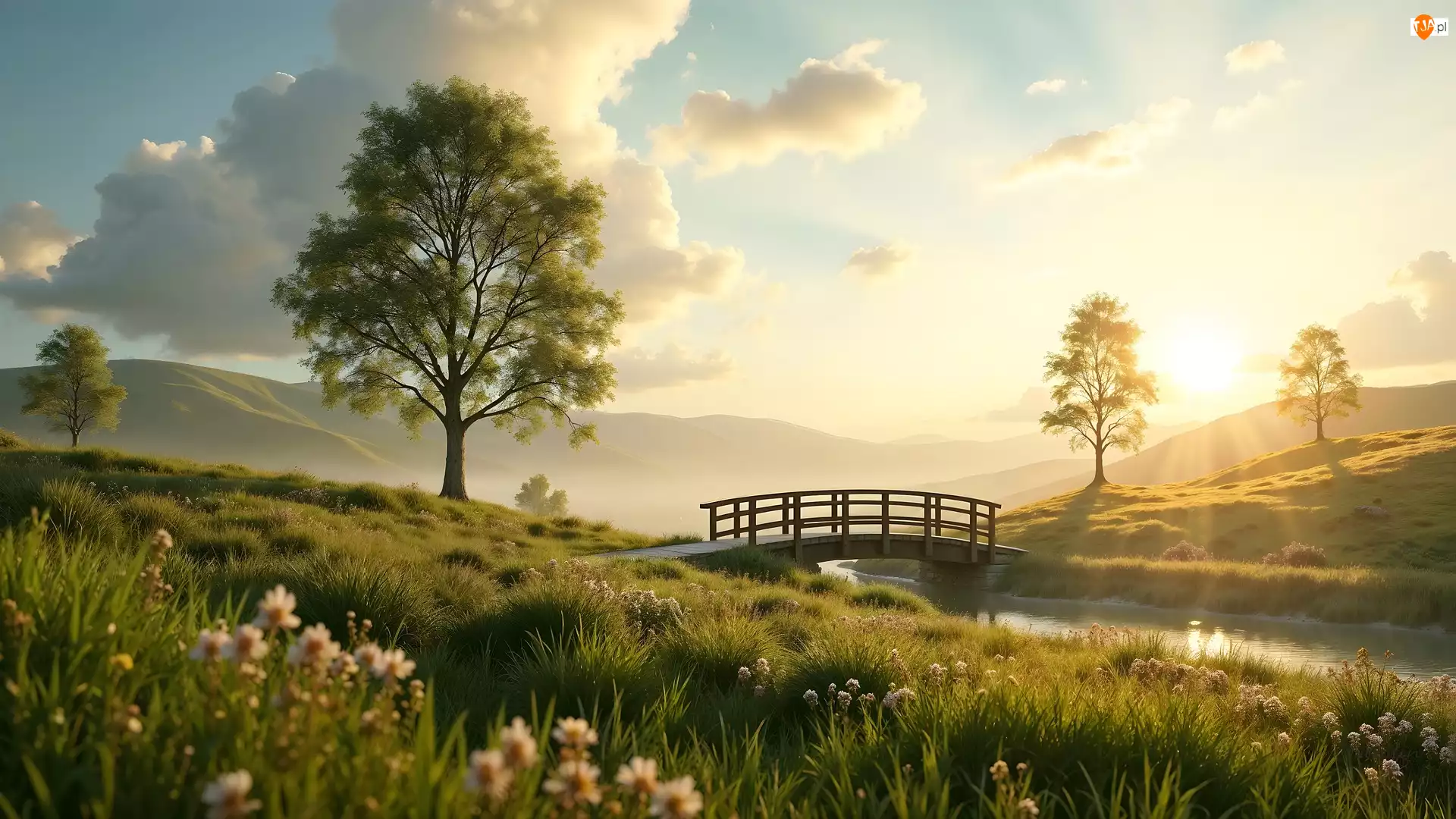 Mostek, Zachód słońca, Rzeka, Łąka, Drzewa