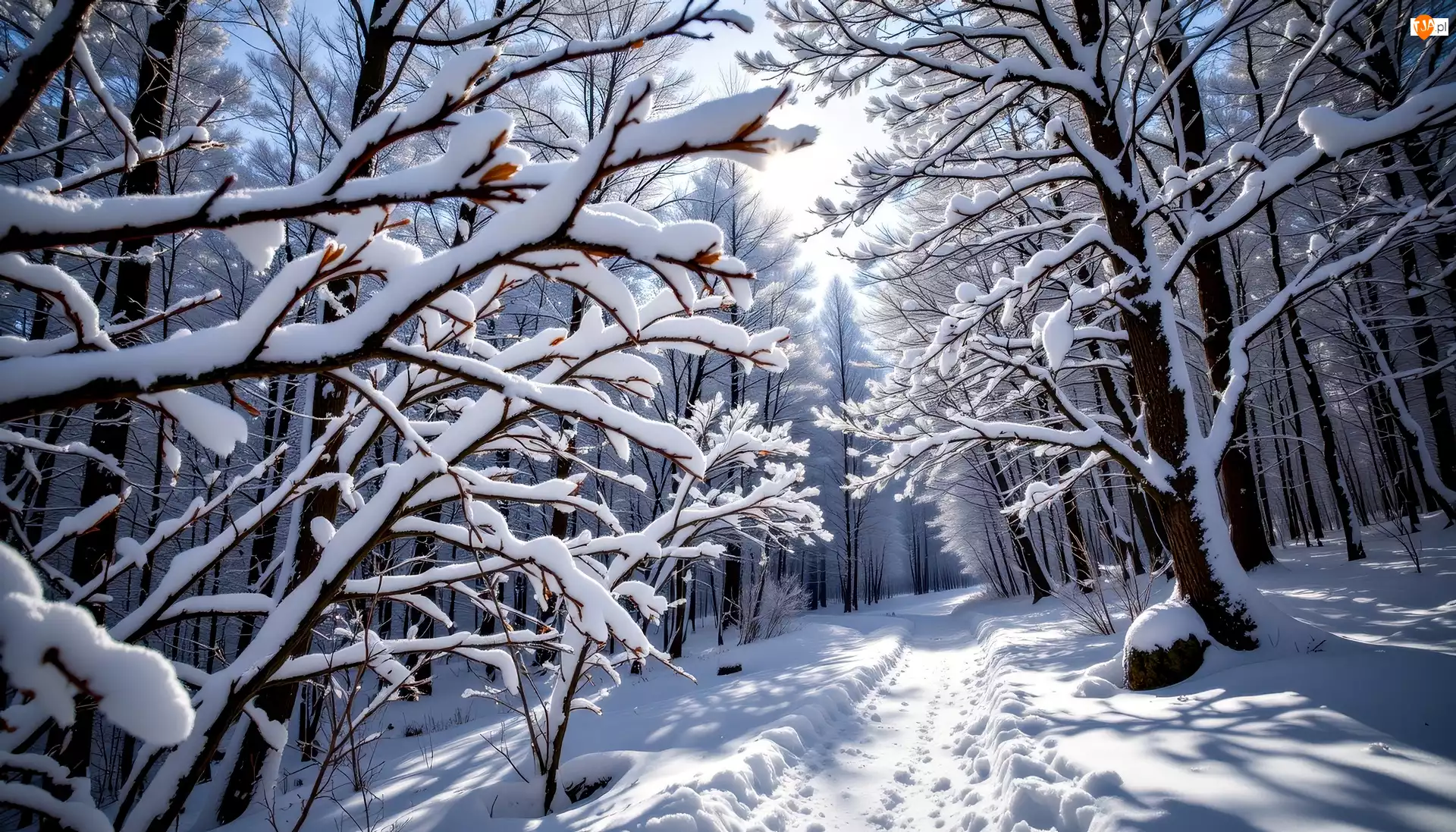 Gałęzie, Śnieg, Grafika AI, Ośnieżone, Las, Drzewa, Droga