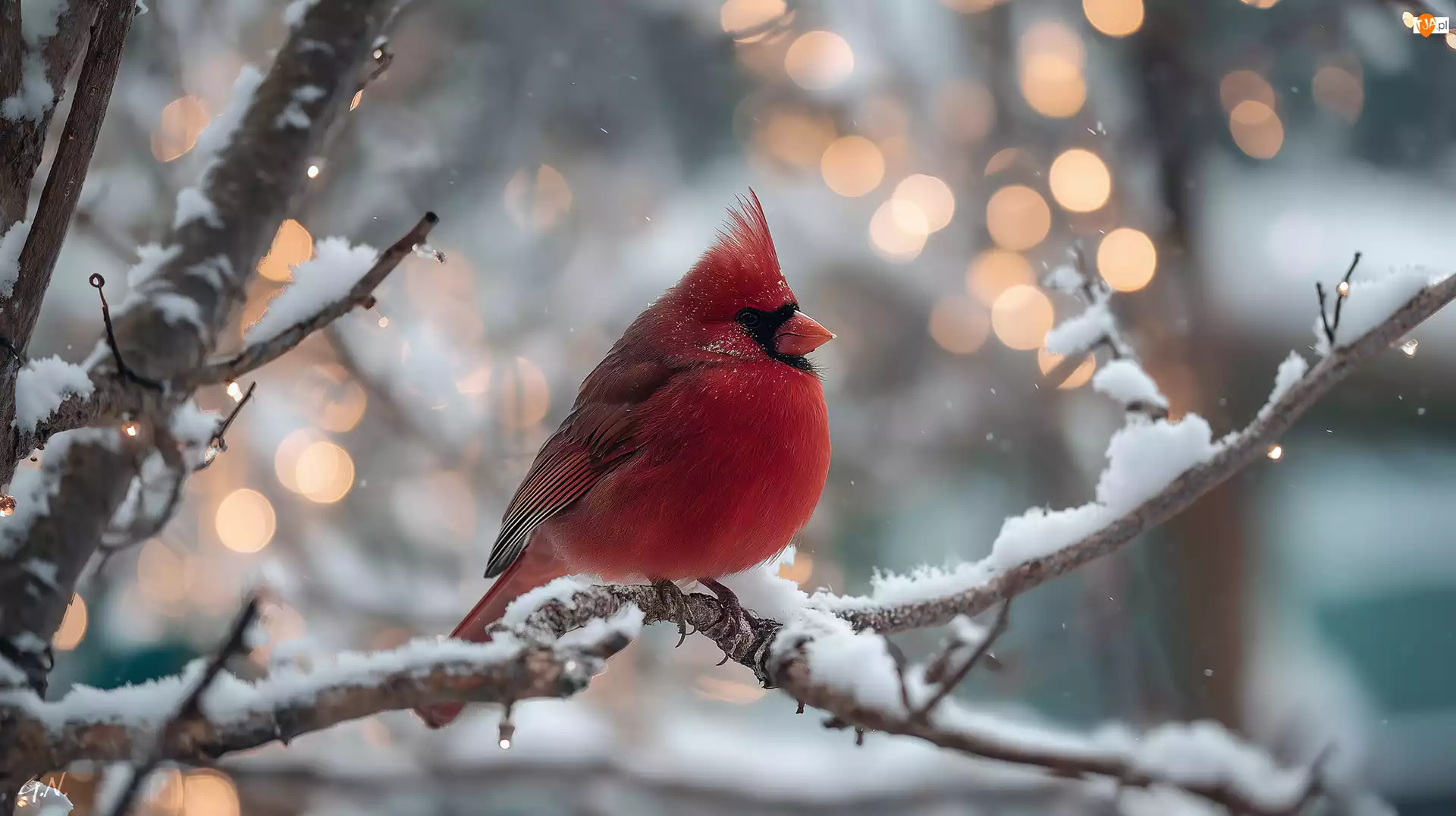 Ptak, Czerwony, Gałązka, Grafika AI, Kardynał, Zima