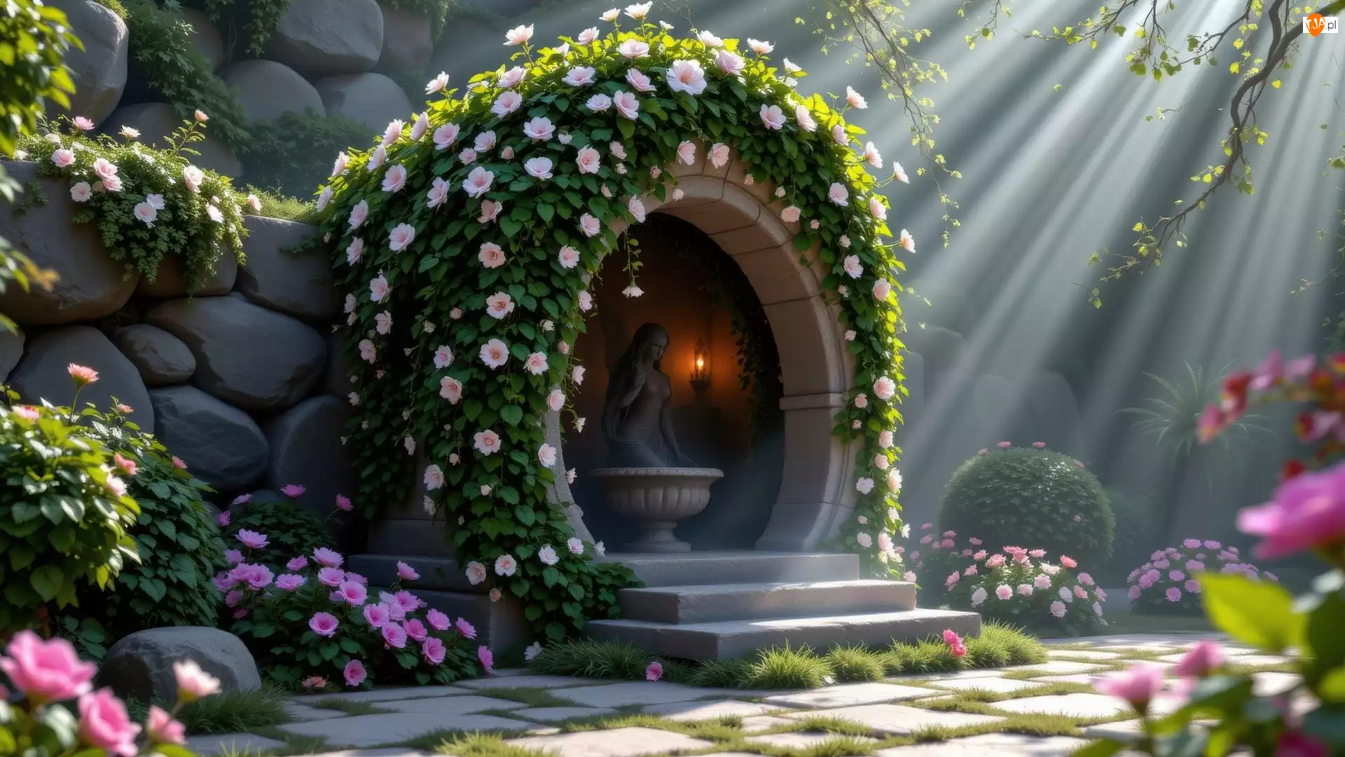 Rośliny, Budowla, Postać, Kwiaty, Figura, Kobiety, Przebijające światło, Rzeźba