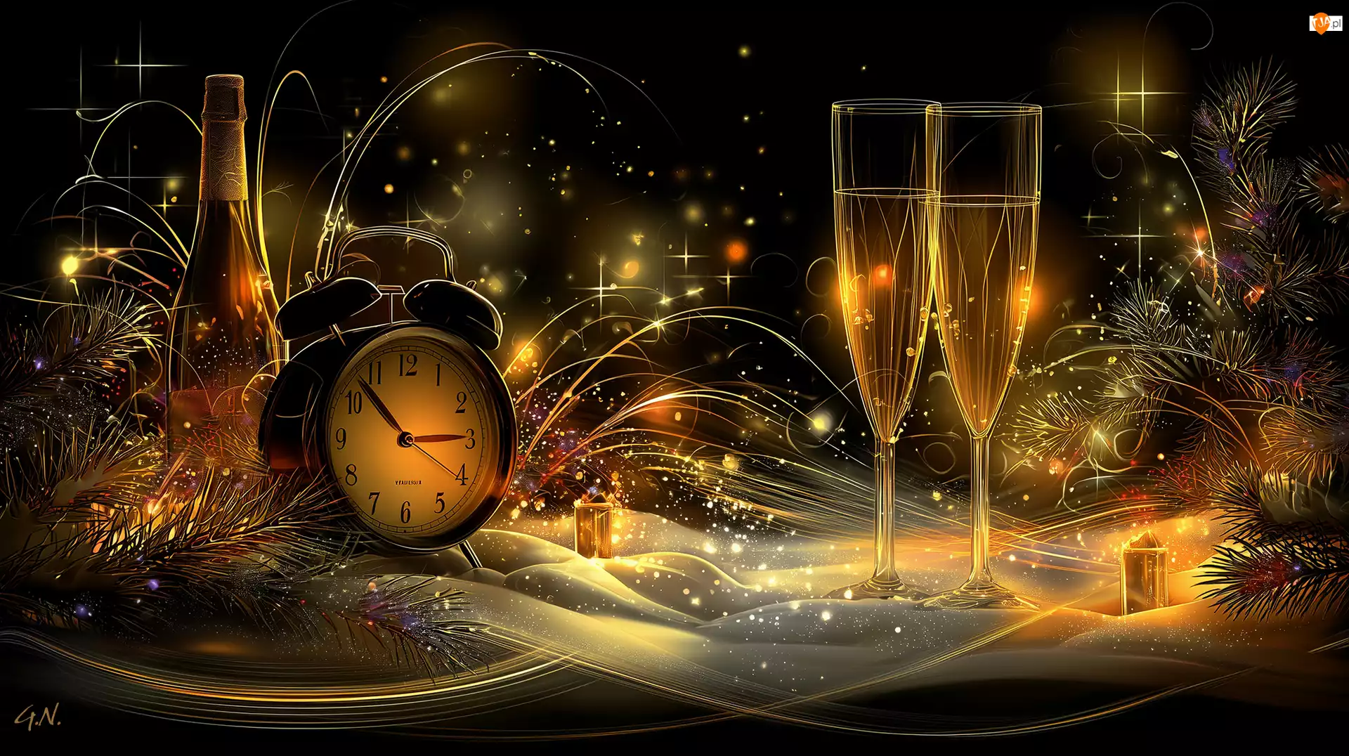 Szampan, Grafika AI, Kieliszki, Zegar, Nowy Rok