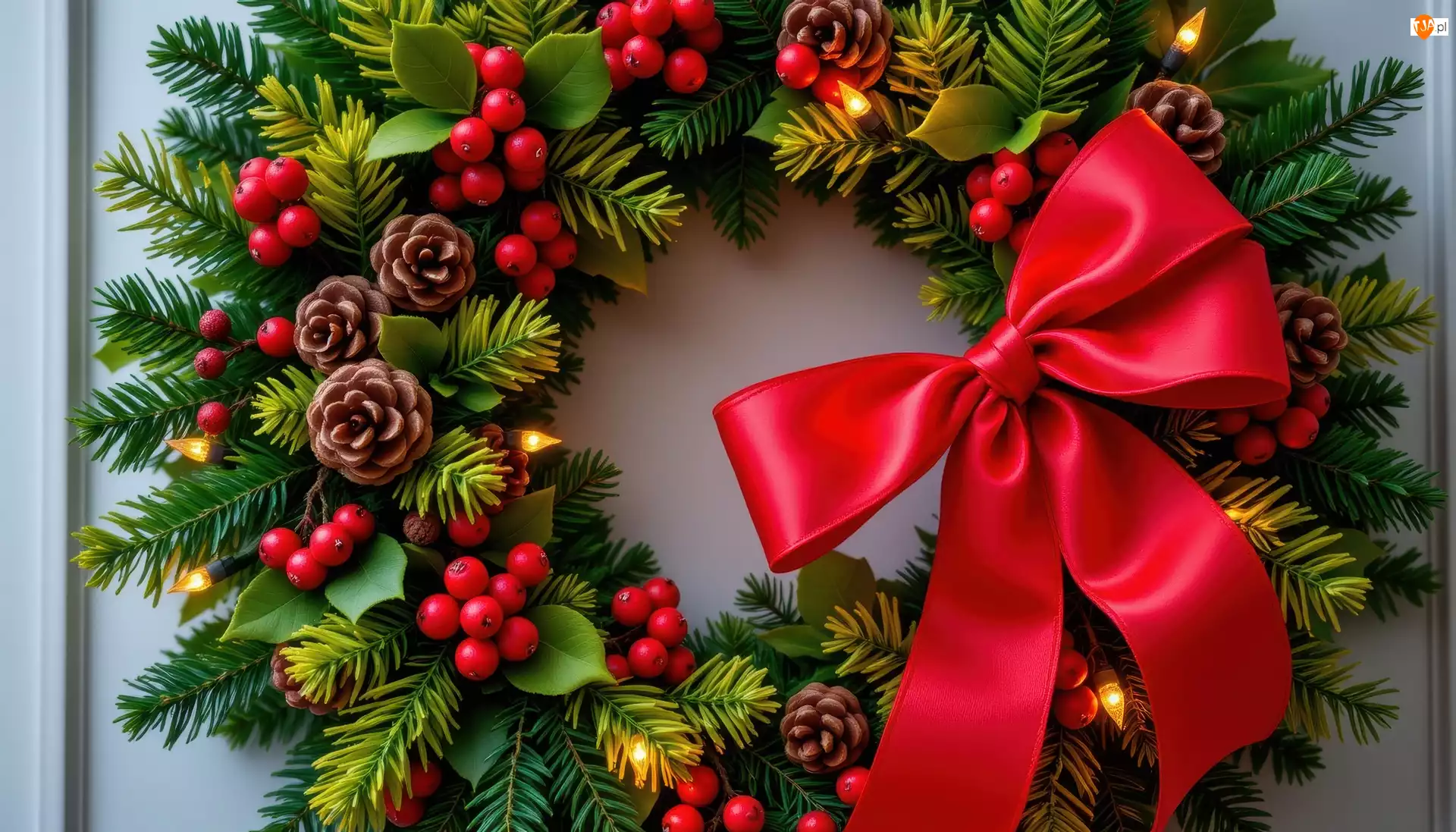 Ozdoba, Kokarda, Jagody, Boże Narodzenie, Szyszki, Wieniec, Grafika AI, Światełka