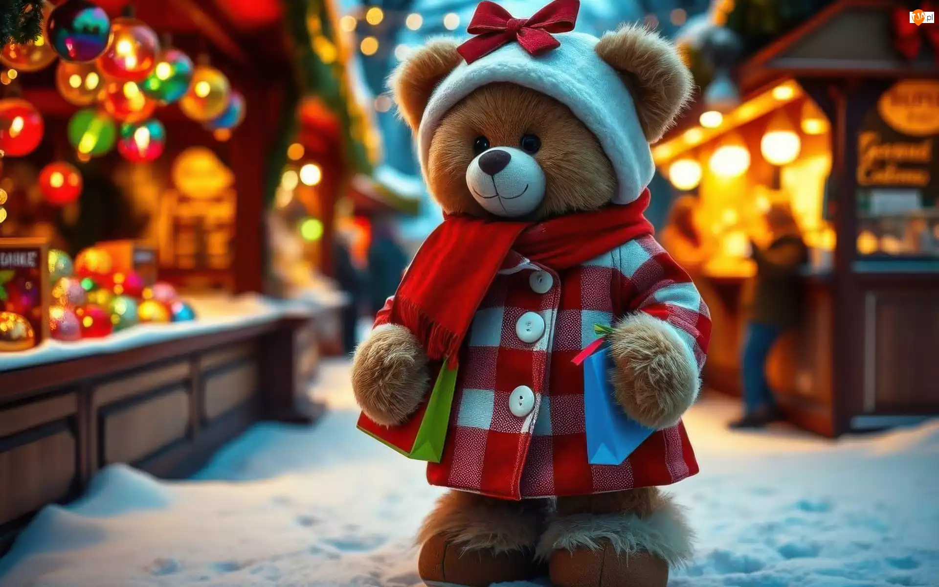 Miś, Płaszcz, AI, Pluszowy, Śnieg, Czapka, Szalik