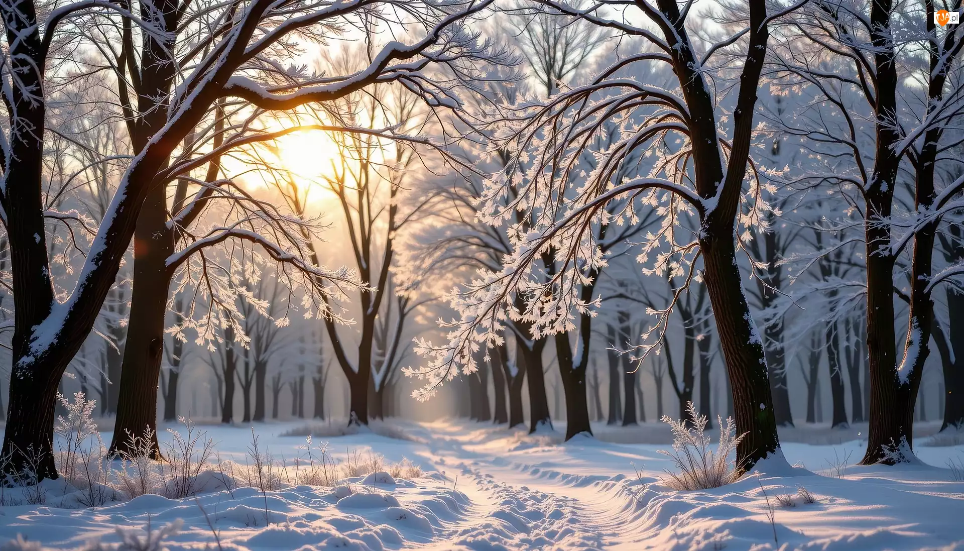 Drzewa, Grafika AI, Las, Zima, Słońce