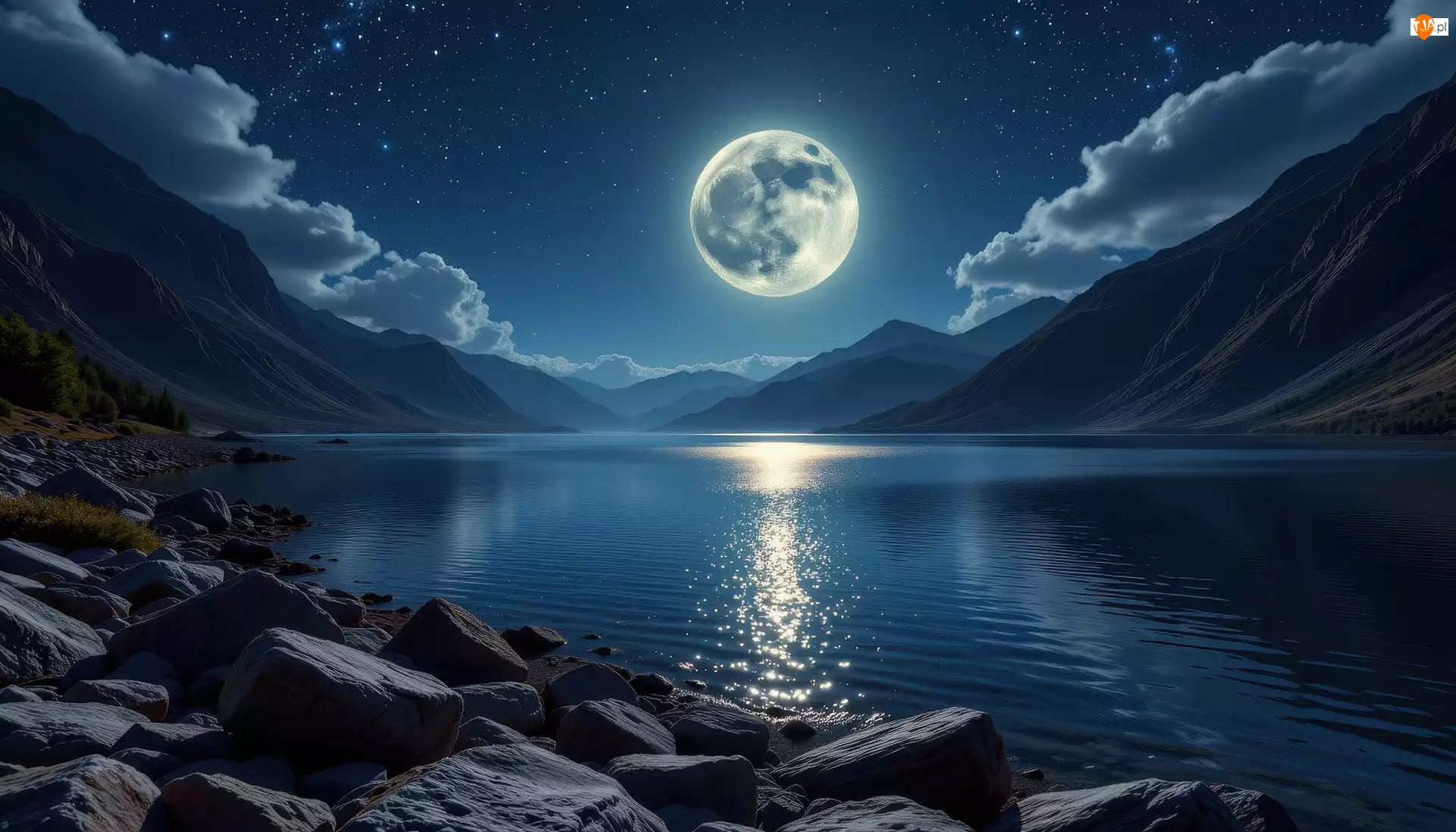 Jezioro, Kamienie, Księżyc, Grafika AI, Góry, Gwiazdy