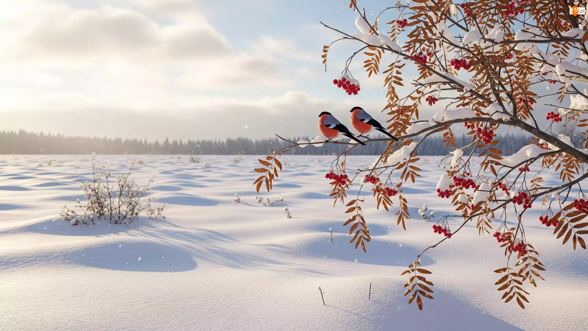 Snieg, Dwa, Pole, Jarzębina, Owoce, Gile, Gałązki, Zima, Czerwone