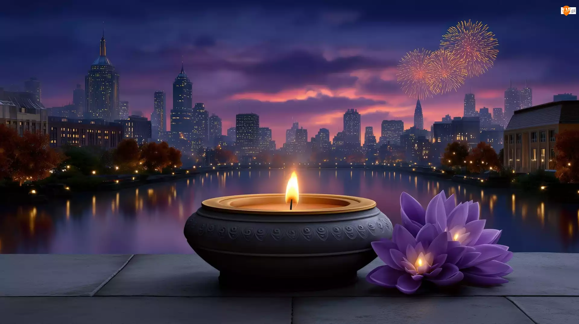 Rzeka, Wieżowce, AI, Miasto, Kwiaty, Znicz, Fajerwerki