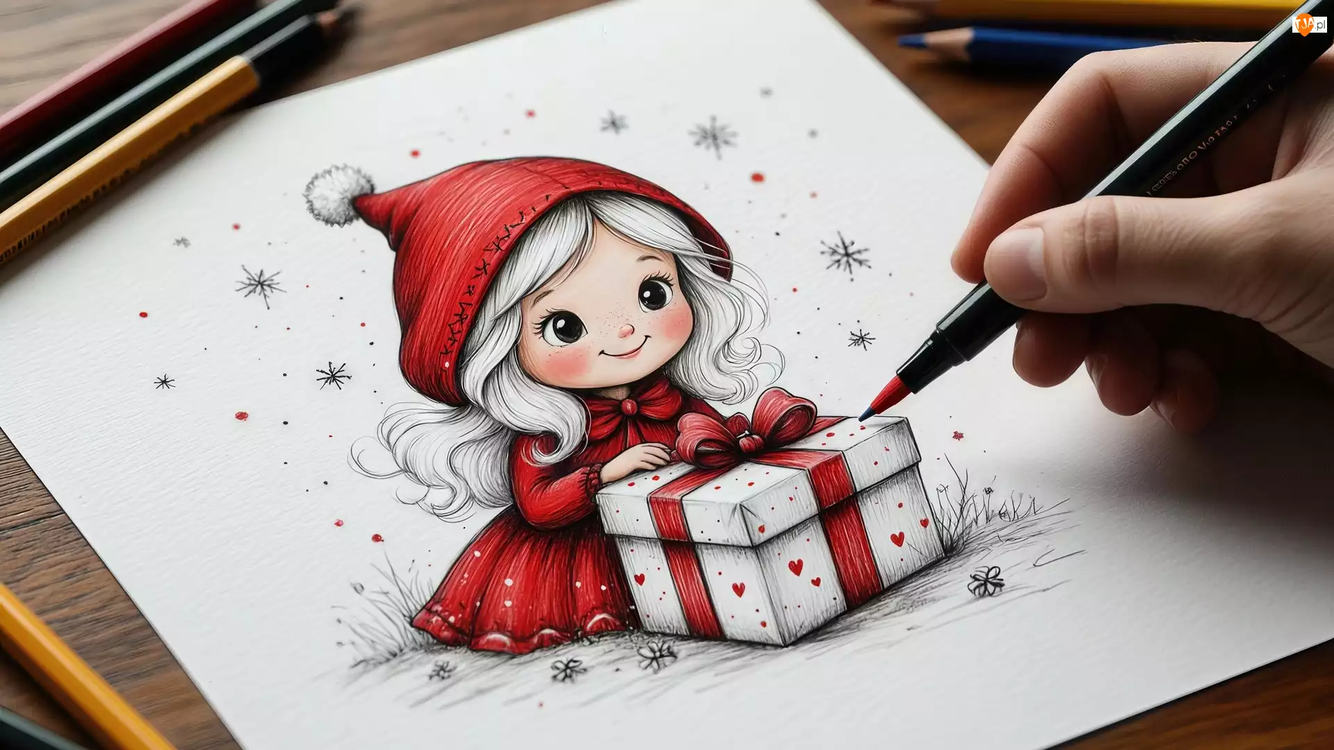 Mała, Rysunek, Czerwone, Prezent, Dziewczynka, Ubranko