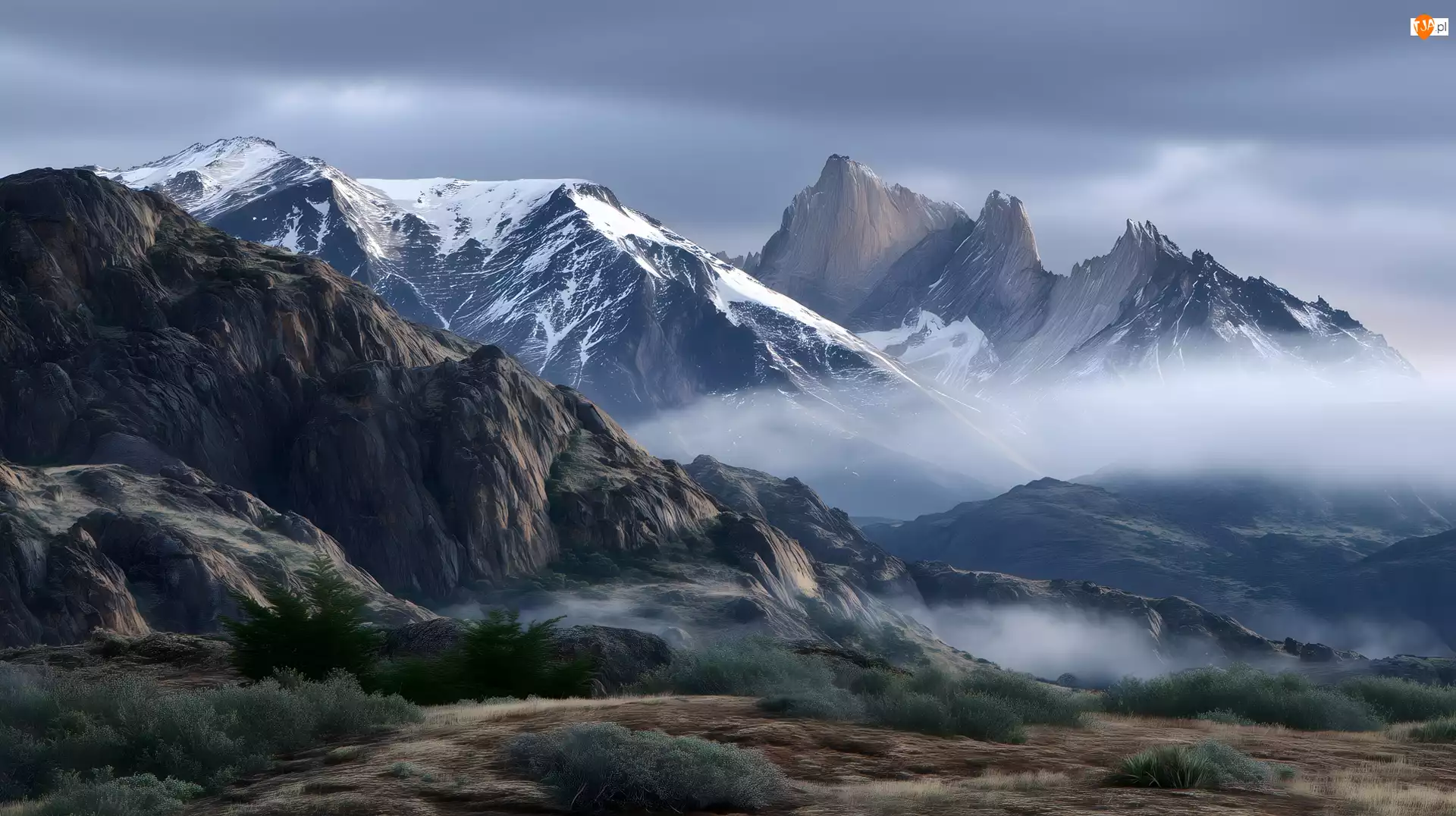 Góry, Grafika AI, Krzewy, Zima, Mgła