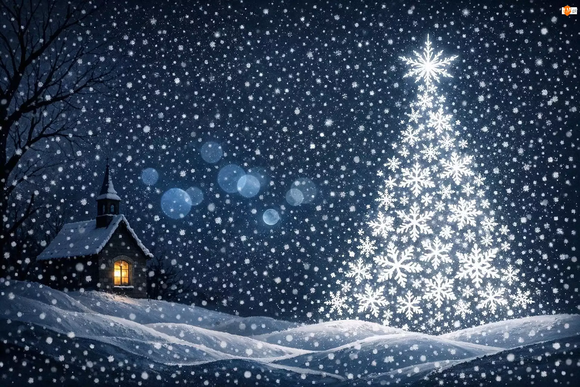 Świąteczne, Choinka, Grafika, Zima, Śnieg, Kościół, Płatki śniegu