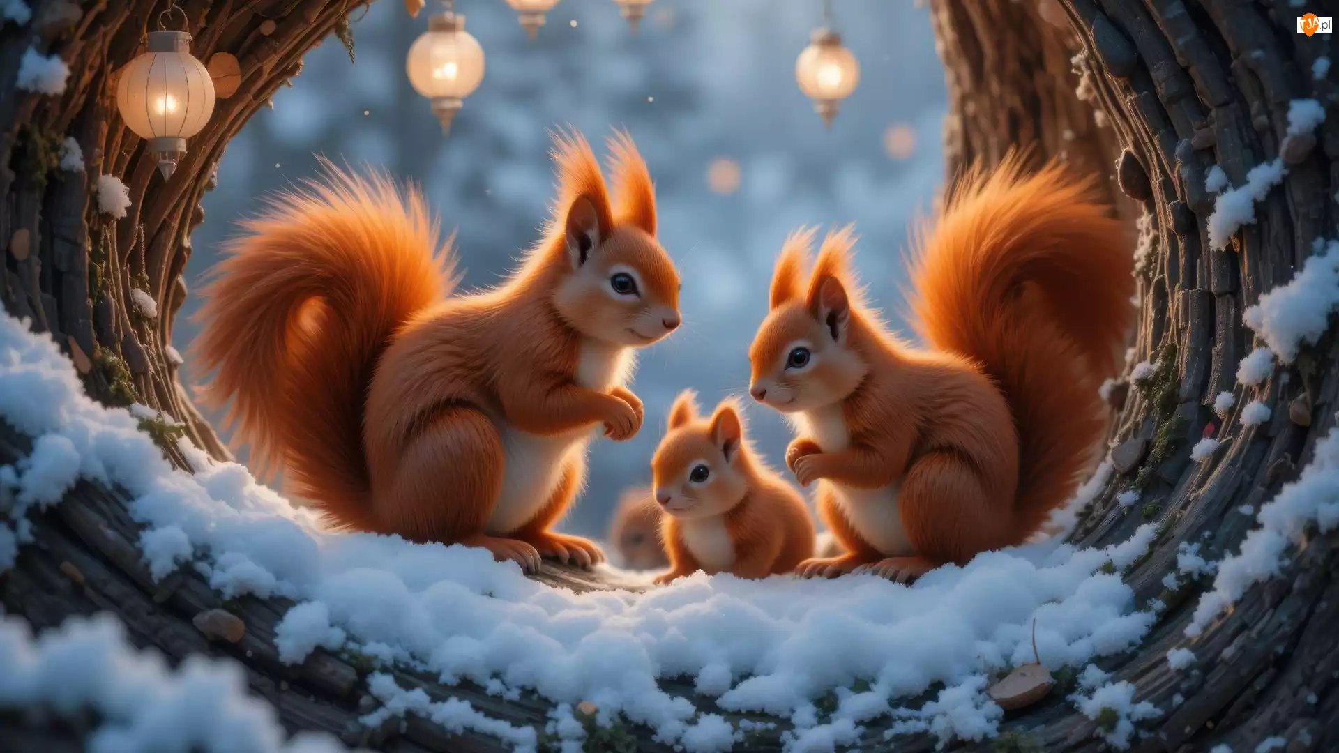 Dziupla, Wiewiórki, Śnieg, AI, Zima, Lampiony