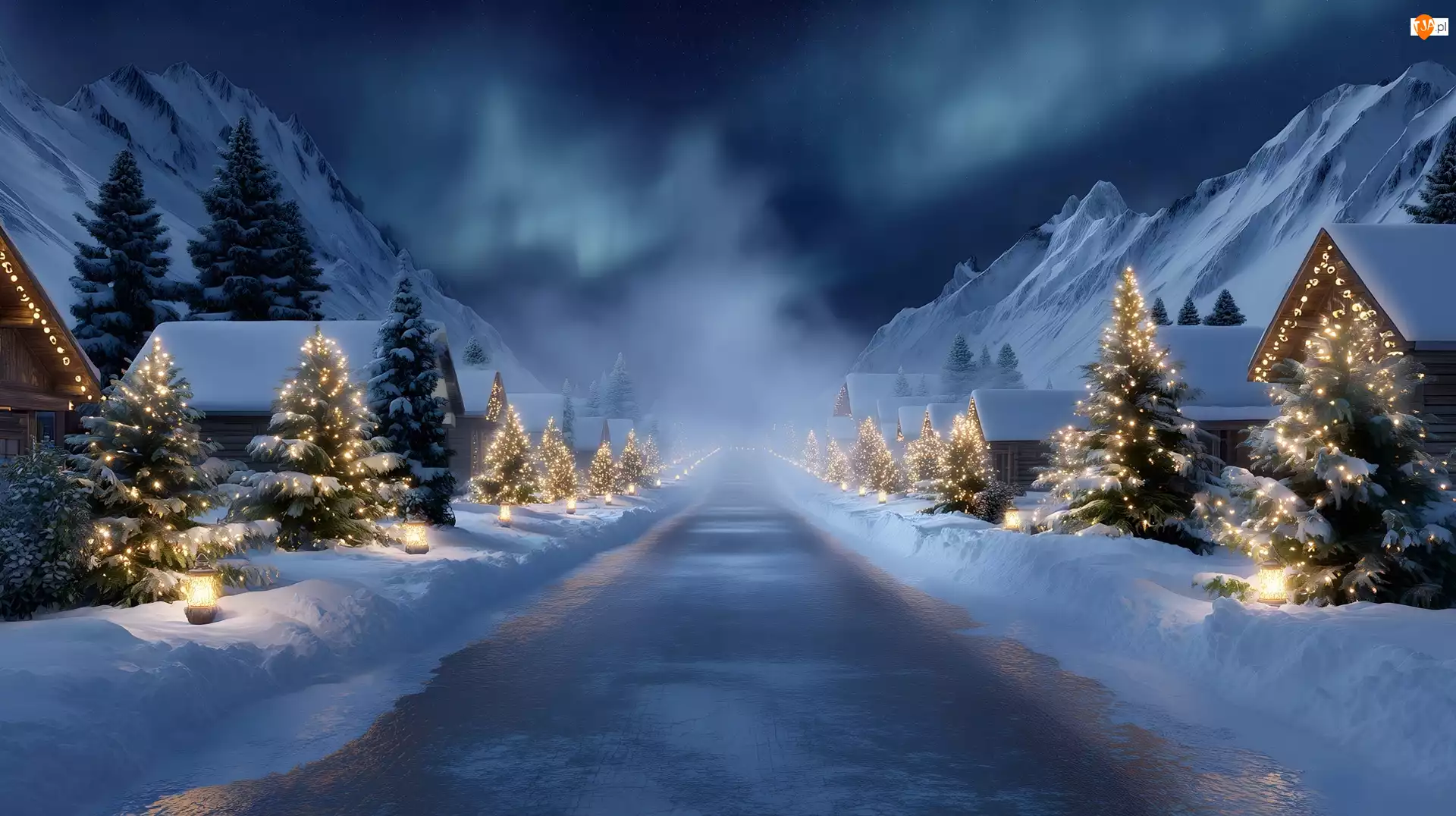 Droga, Choinki, Grafika AI, Zima, Boże Narodzenie, Mgła, Góry