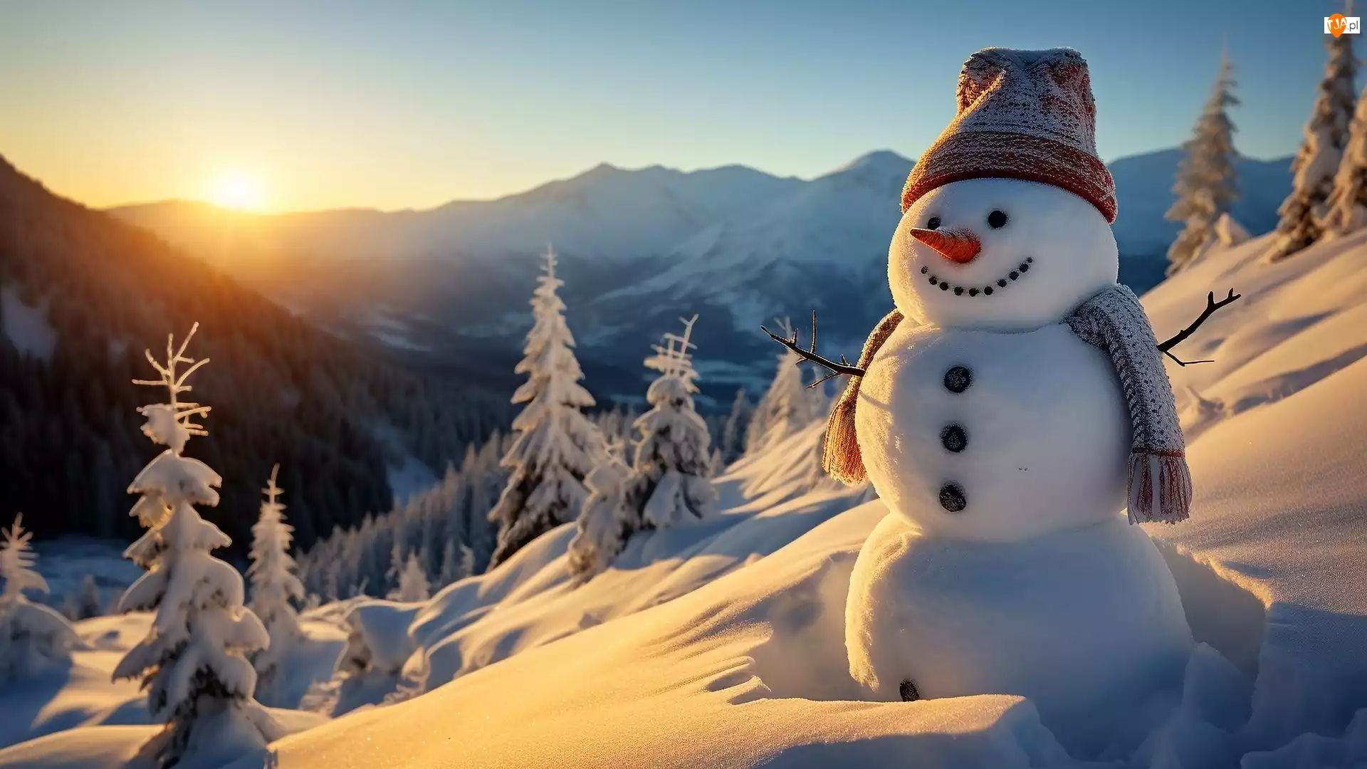 Al, Góry, Szal, Bałwan, Czapka, Słońce, Ośnieżone, Zima, Drzewa