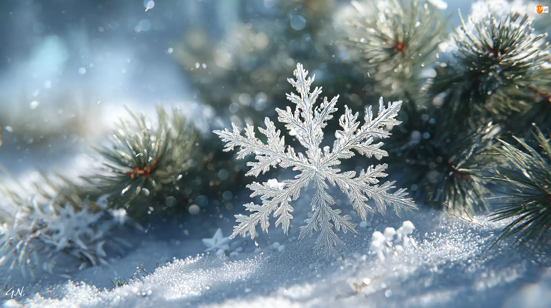 Śnieg, Grafika AI, Sosna, Śnieżynka, Zima