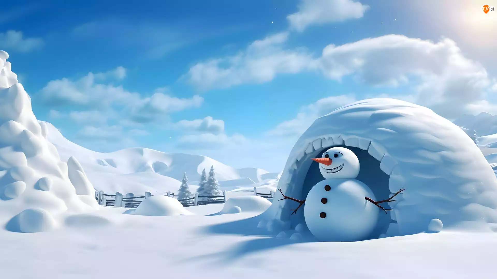 Igloo, Bałwan, AI, Zima, Drzewa, Śnieżne, Zaspy