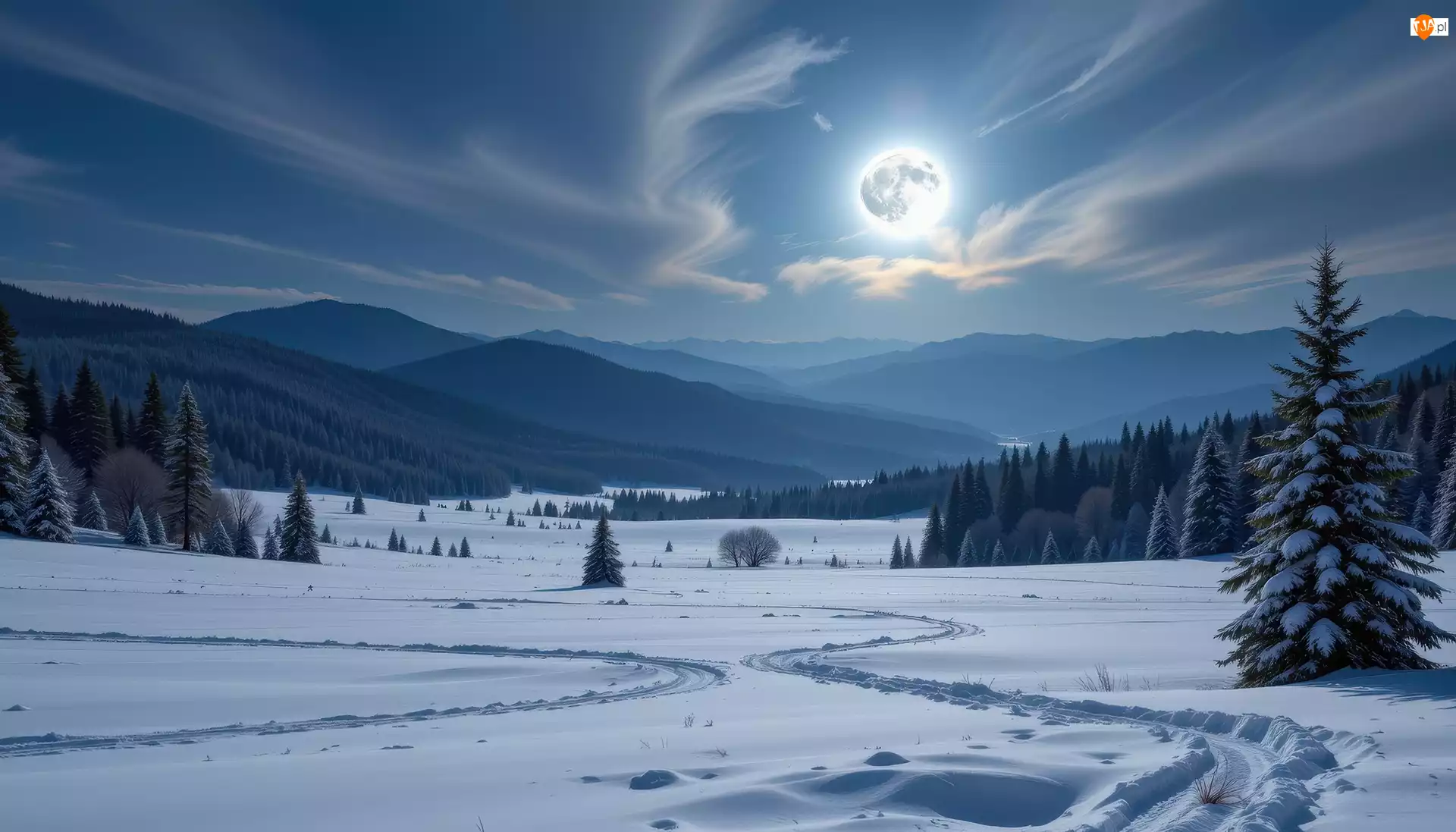 Pole, Drzewa, Grafika AI, Zima, Księżyc, Góry, Lasy