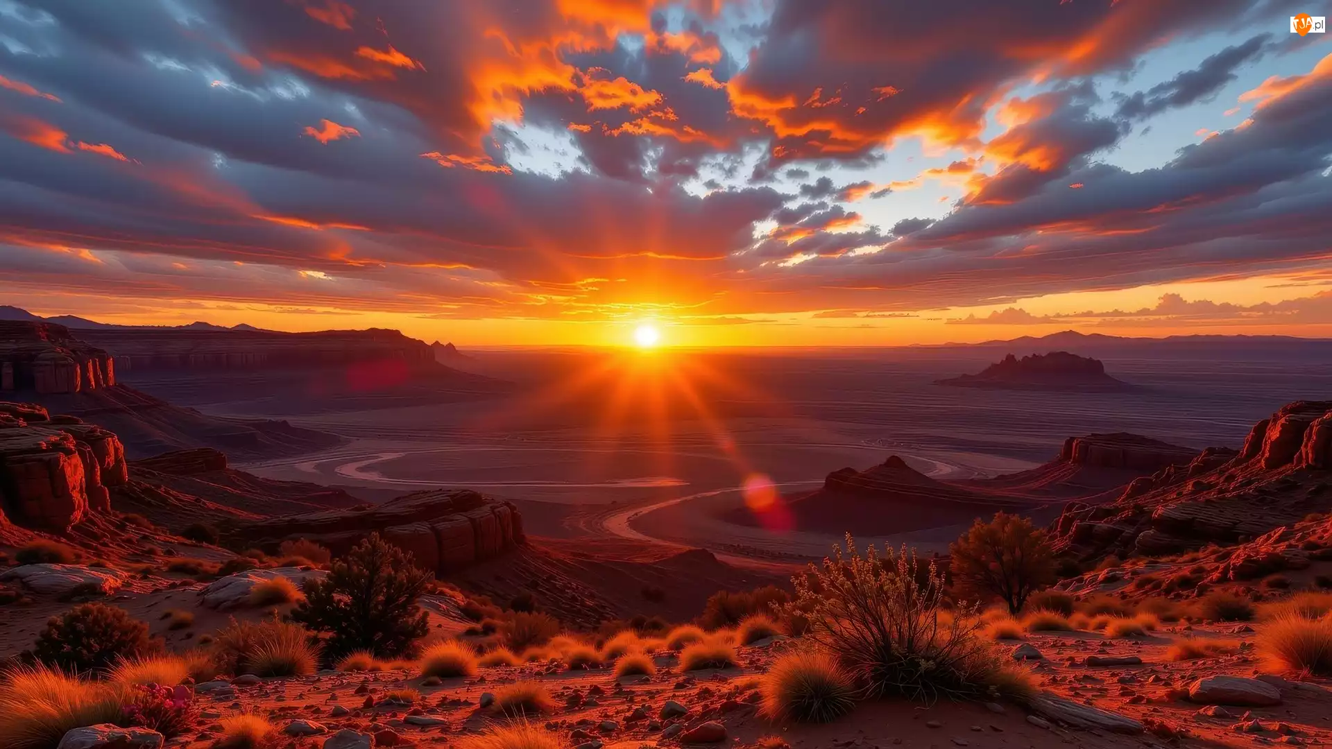 Skały, Roślin, Chmury, Zachód słońca, Kępki