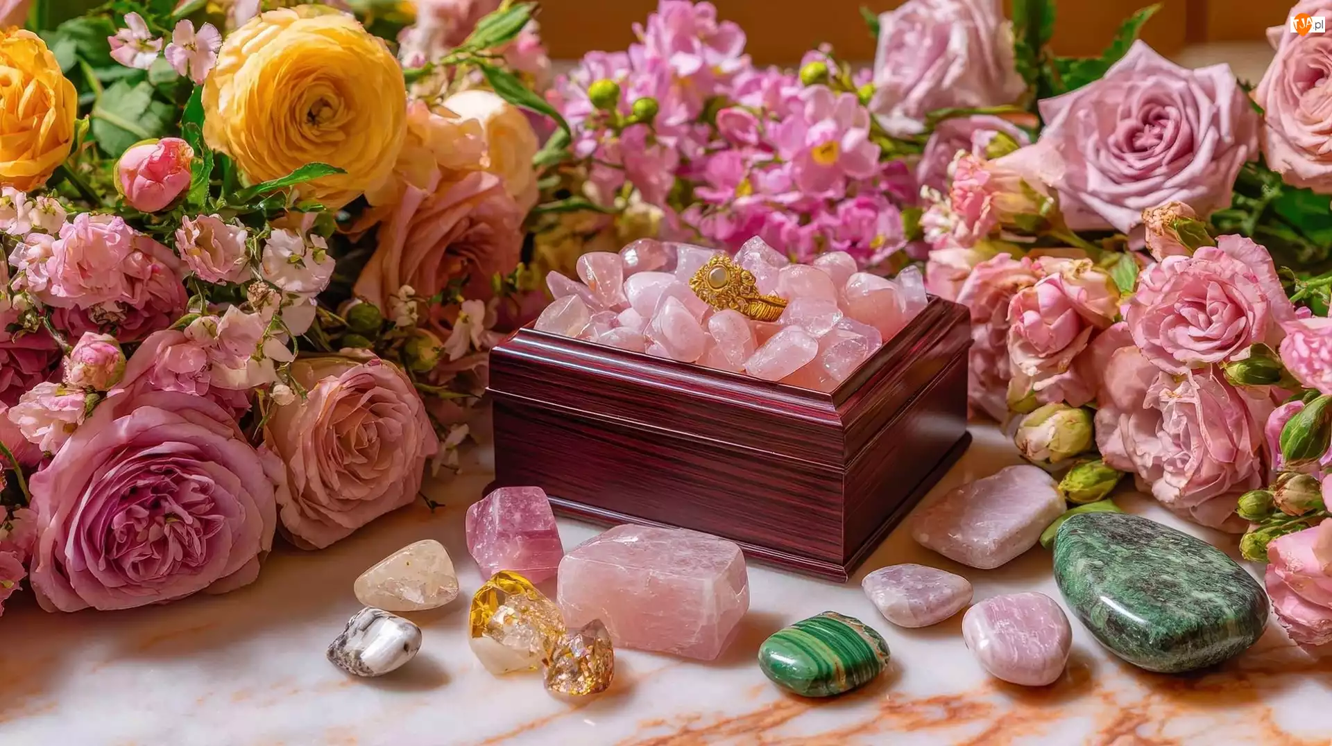 Róże, Kwiaty, Kamienie, Kompozycja, Szkatułka, Biżuteria