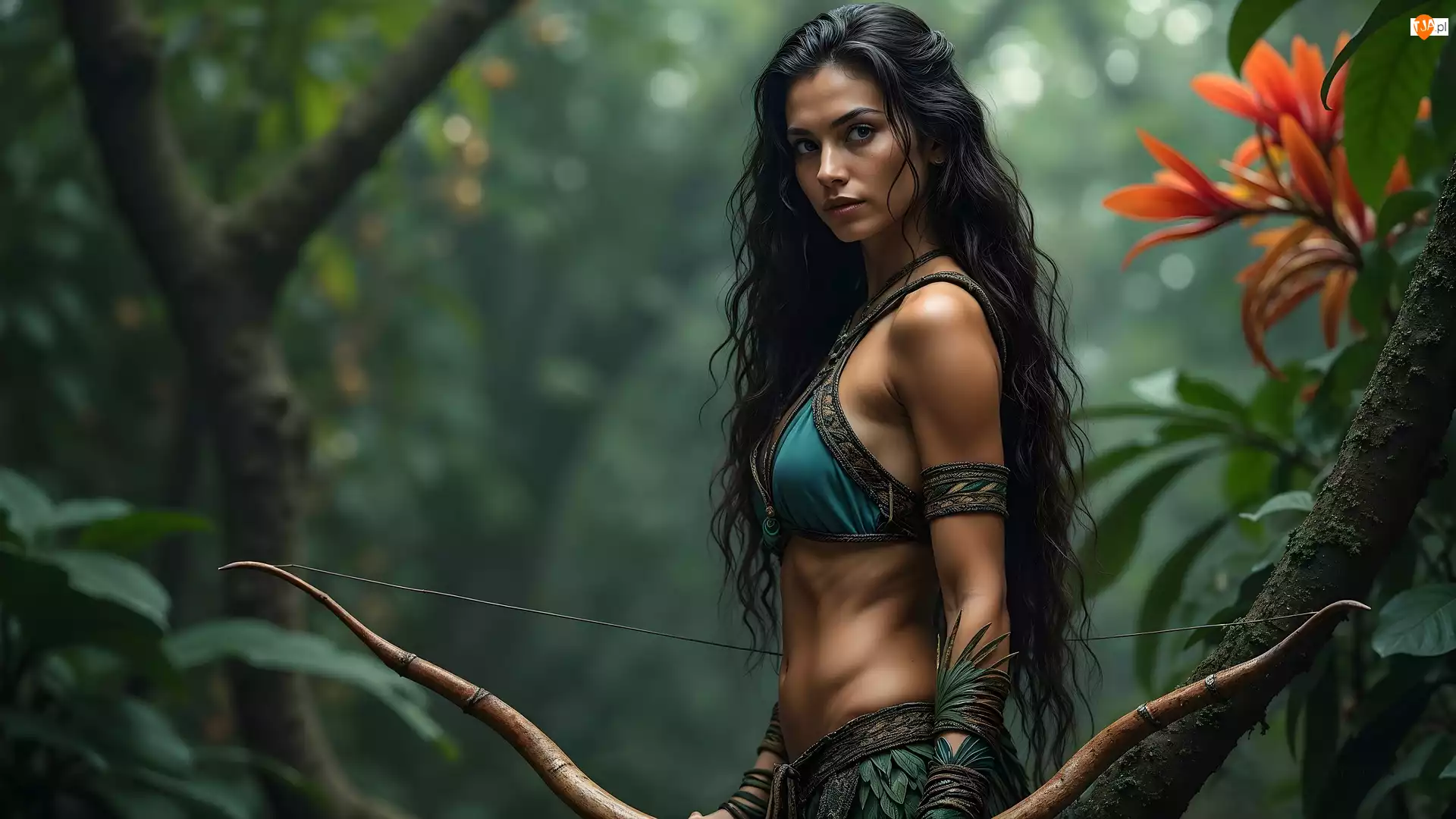 Kobieta, Wojowniczka, Długowłosa, Brunetka, Łuk