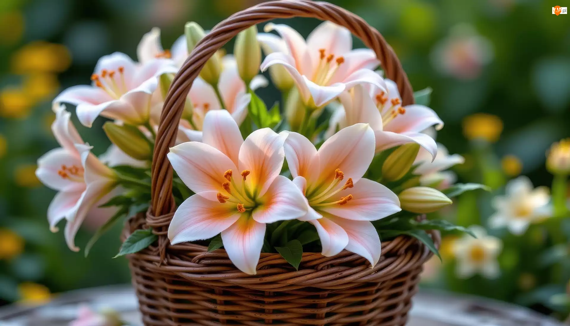 Pąki, Koszyk, Lilie, Biało-pomarańczowe, Wiklinowy