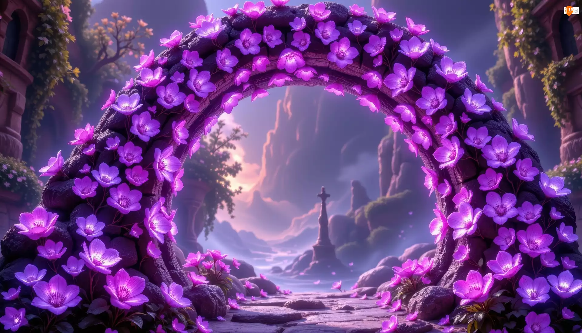 Łuk, AI, Kwiaty, Fioletowe, Góry