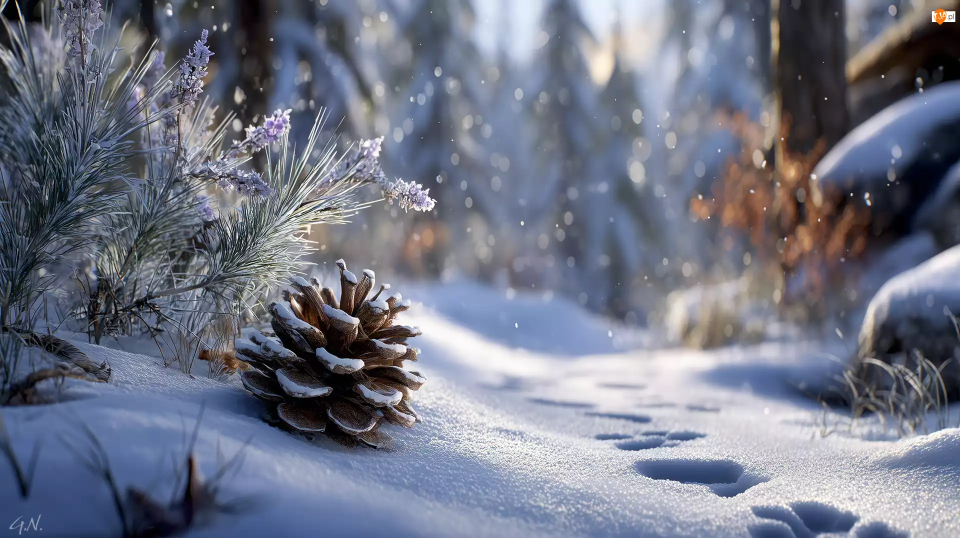 Śnieg, Grafika AI, Zima, Szyszka, Rośliny