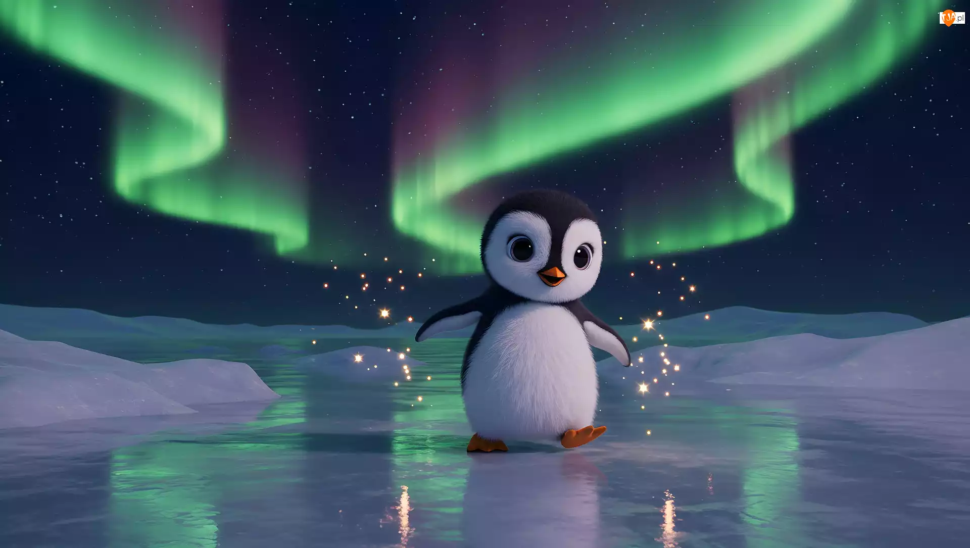 Zorza polarna, Zima, Pingwin, Lód