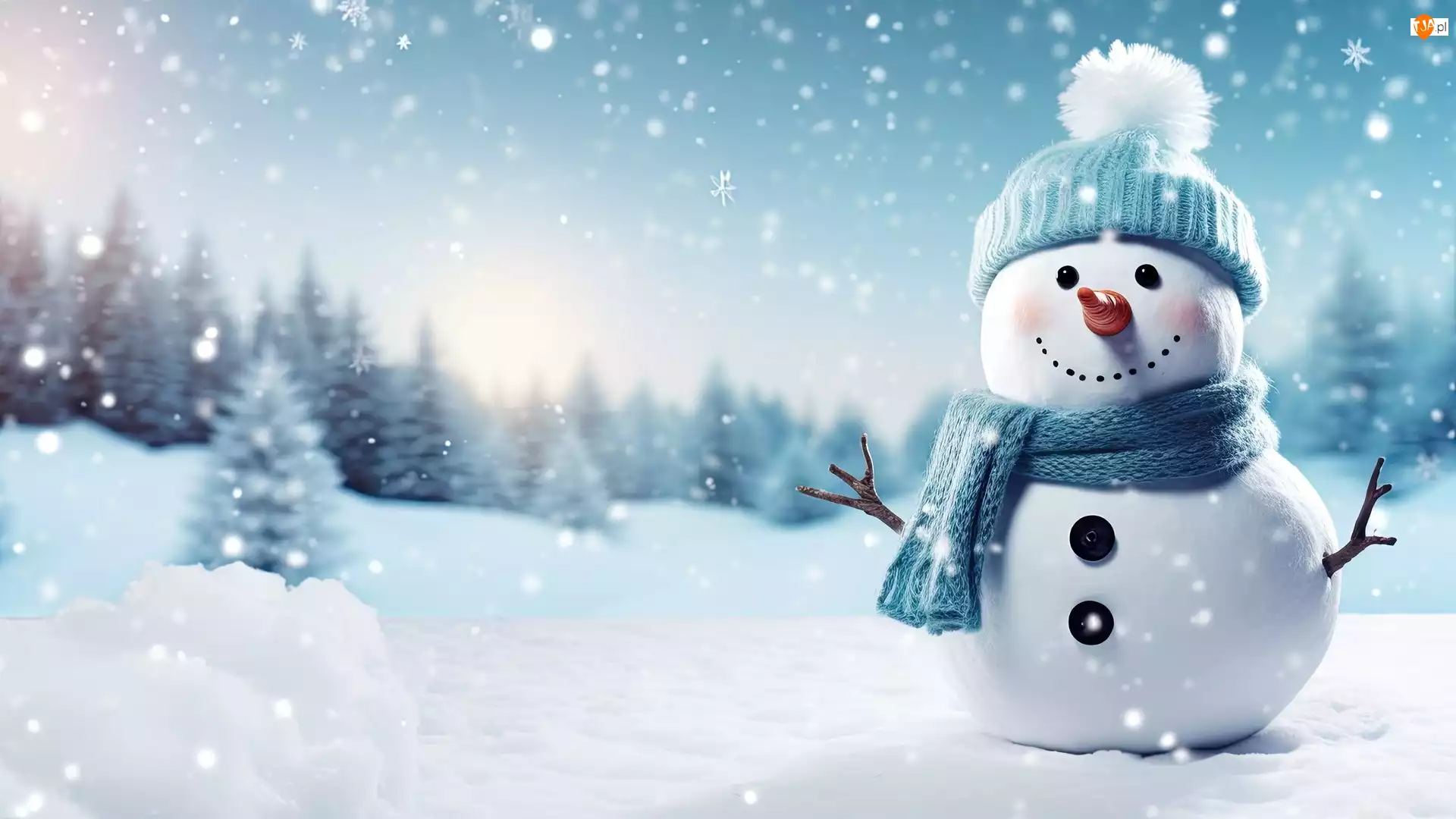 Śnieg, Zima, Niebieska, Szal, Bałwan, Czapka