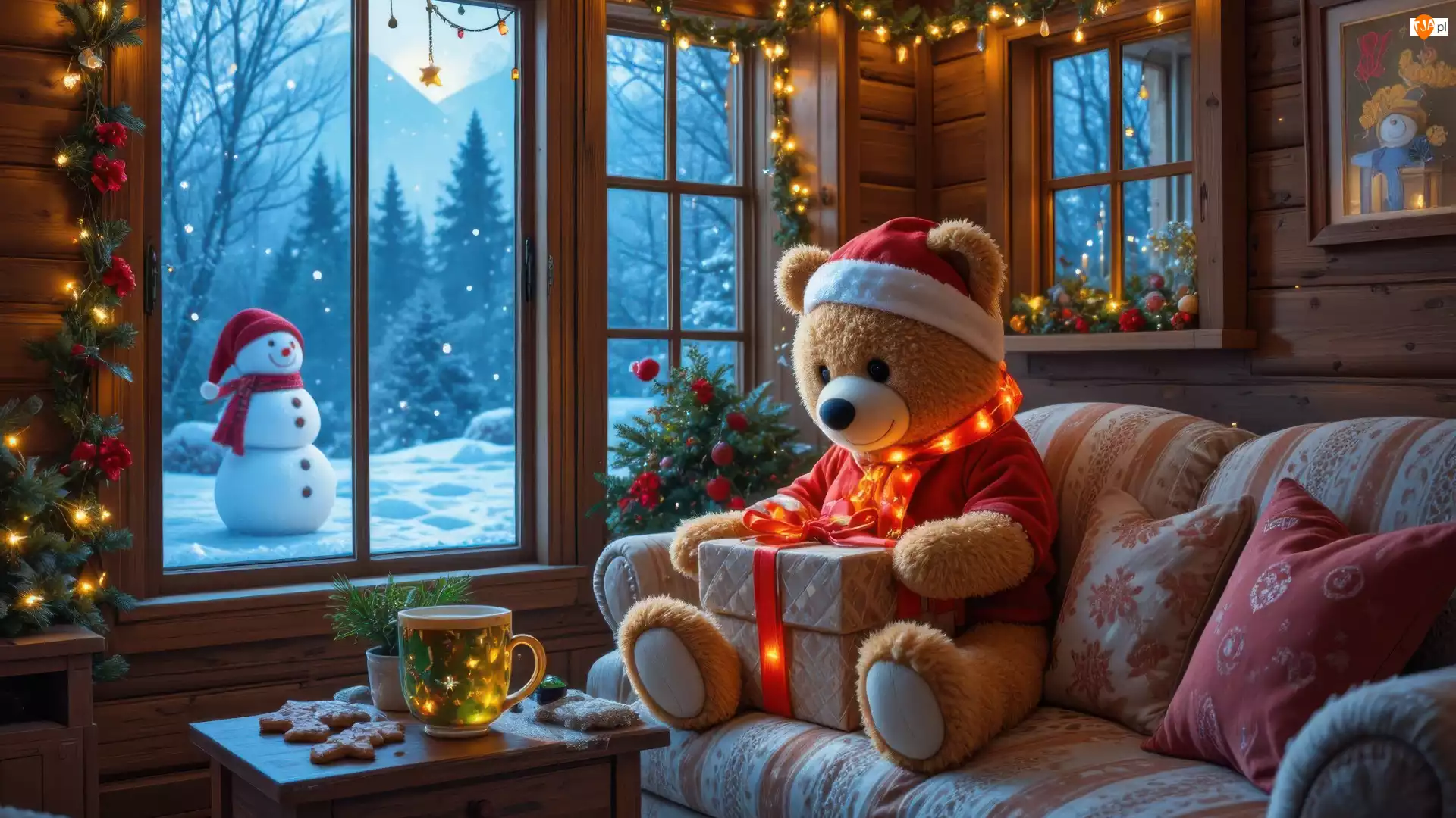 Kanapa, Miś pluszowy, Bałwanek, Świąteczne, Zima, Okno, Prezent
