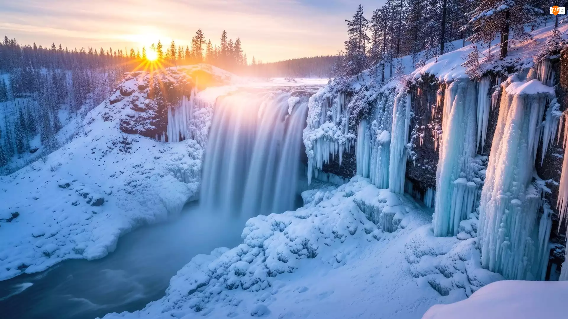 Zachód słońca, Skały, Śnieg, Zima, Drzewa, Rzeka, Wodospad