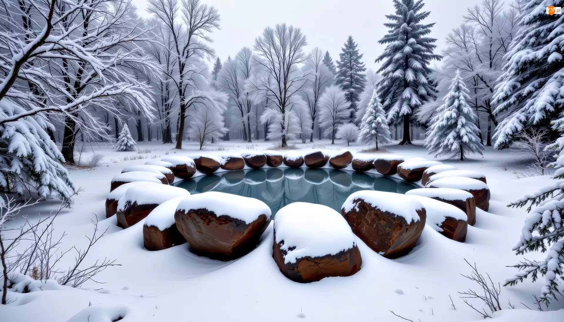 Drzewa, Polana, Grafika AI, Zima, Las, Kamienie, Woda
