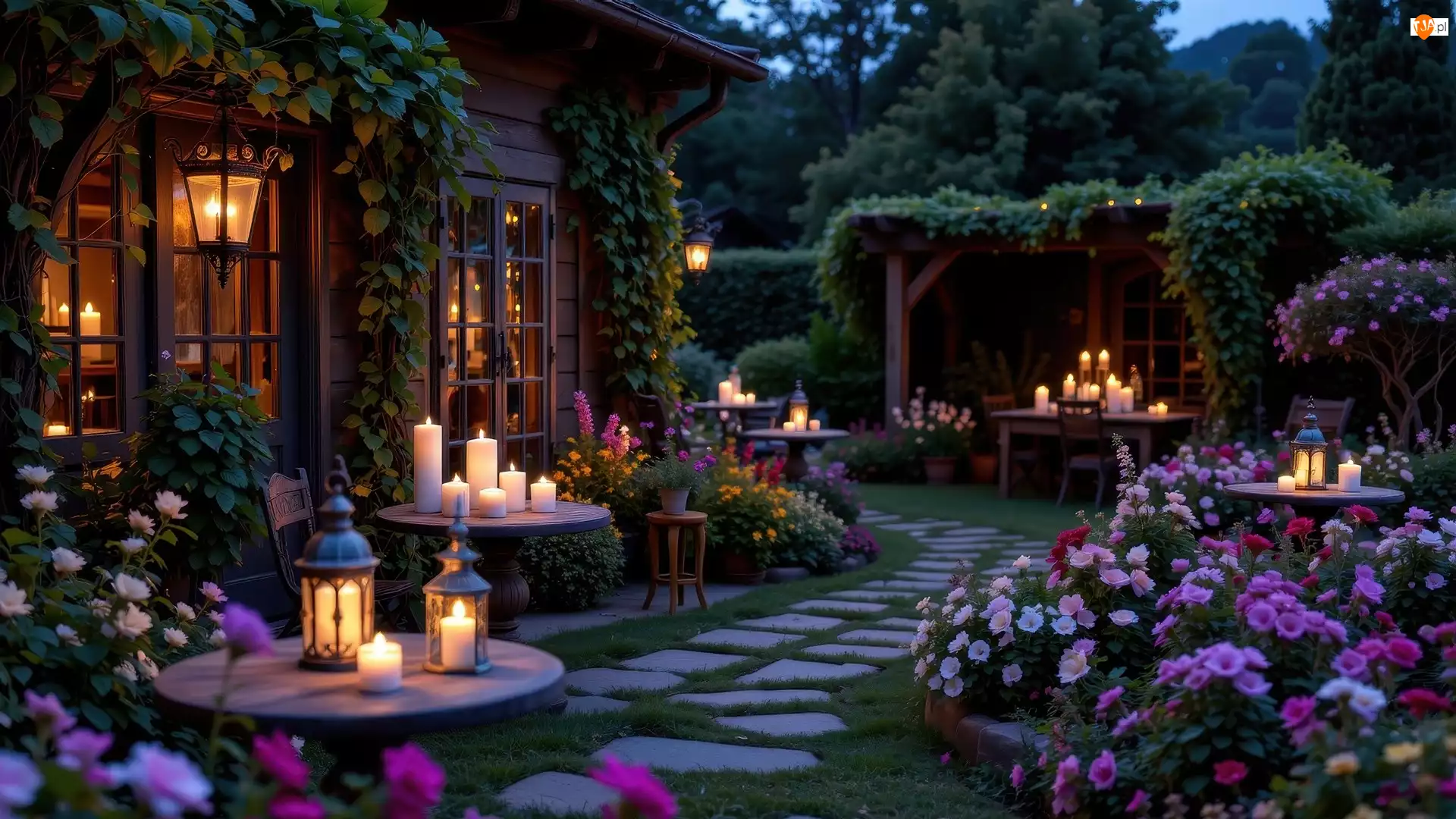 Rośliny, Zapalone, Świece, Stoliki, Dom, Ogród, Kolorowe, Altanka, Kwiaty, Lampiony