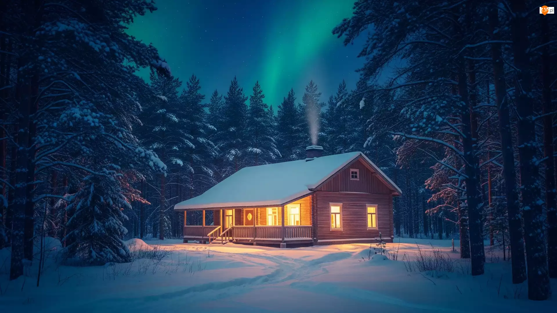 Drzewa, Zorza polarna, Dom, Zima, Las