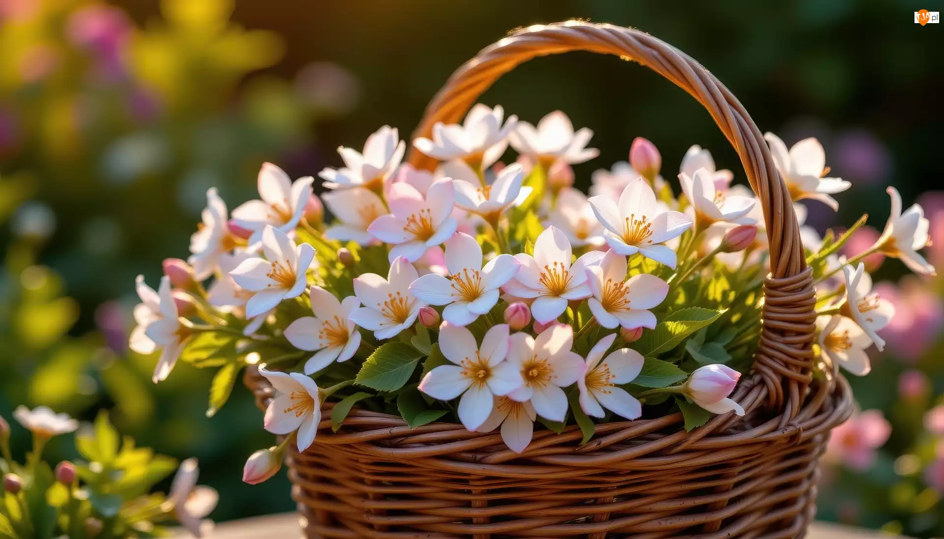 Kwiaty, Koszyk, Drobne, Różowe, Wiklinowy