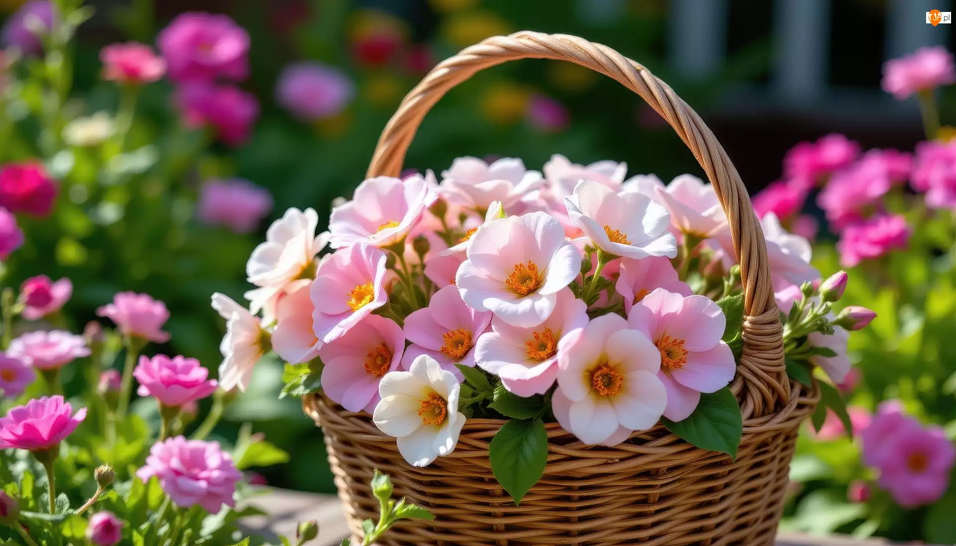 Różowe, Koszyk, Białe, Kwiaty, Kamelie