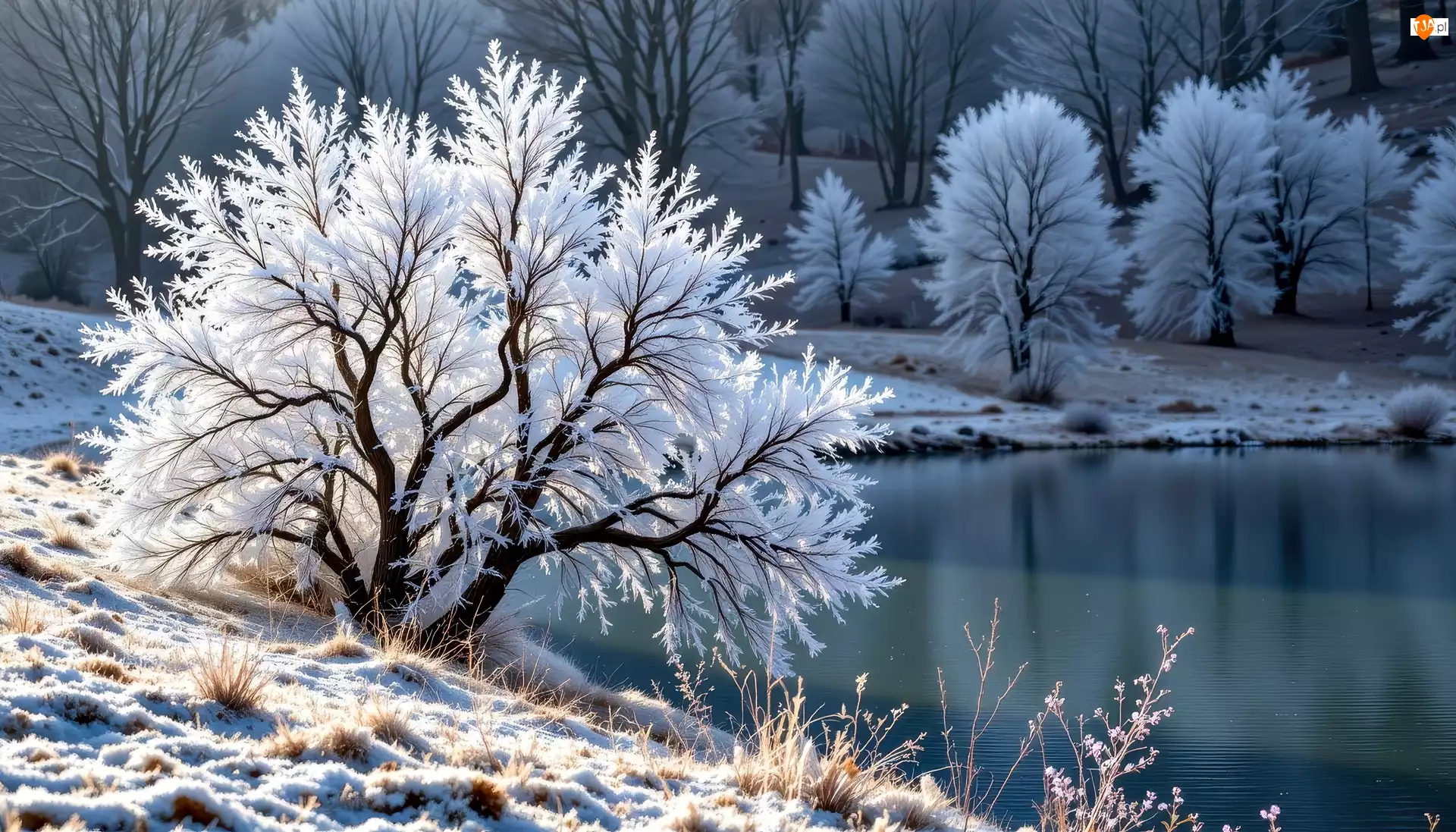 Grafika AI, Drzewo, Staw, Zima