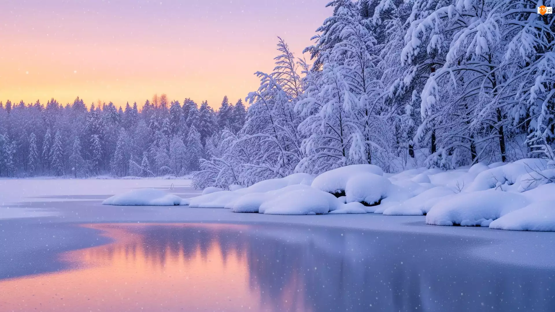 Rzeka, Zima, Drzewa, Zaspy, Ośnieżone, Zachód słońca