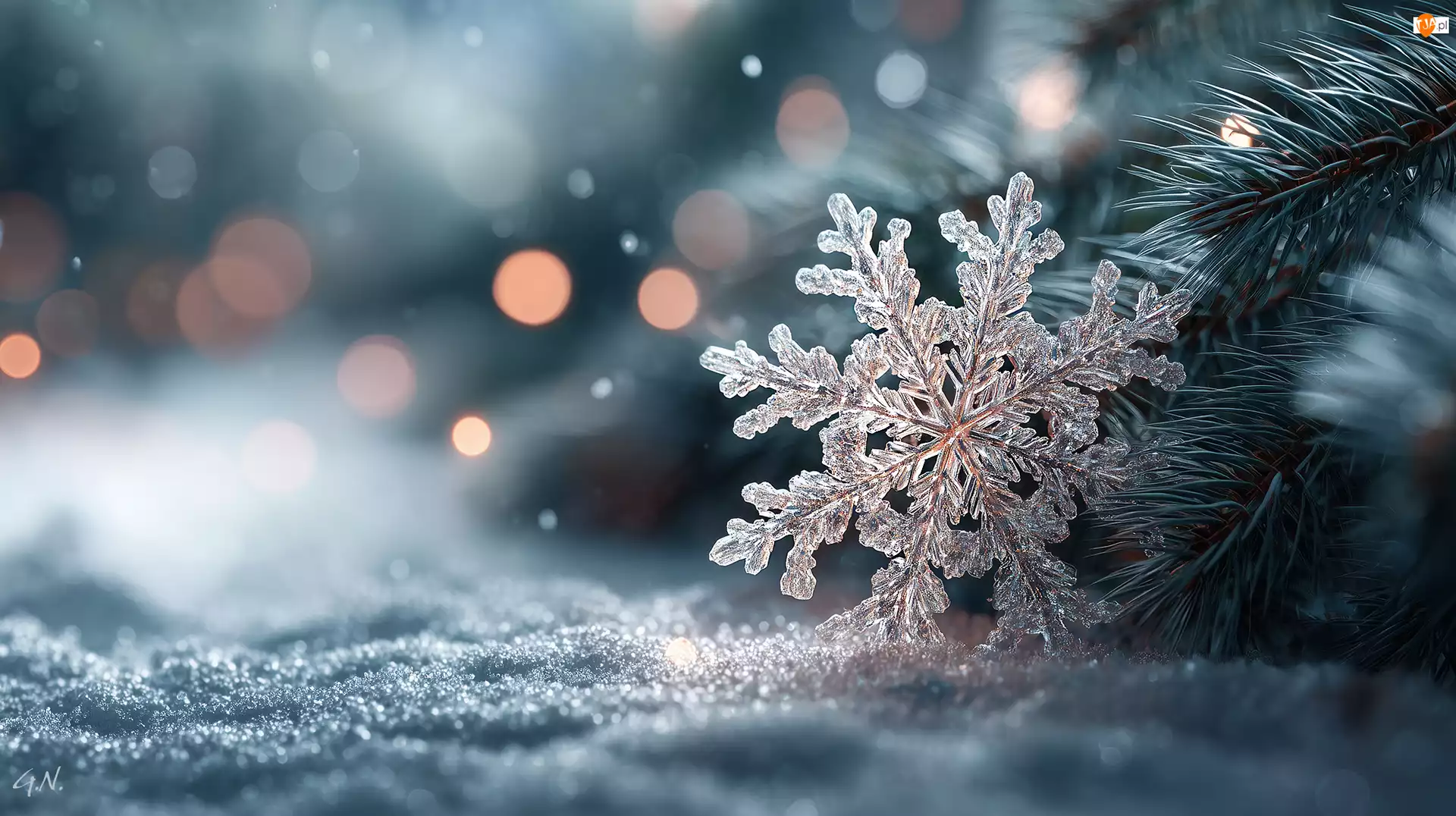 Zima, Grafika AI, Śnieg, Śnieżynka, Świerk