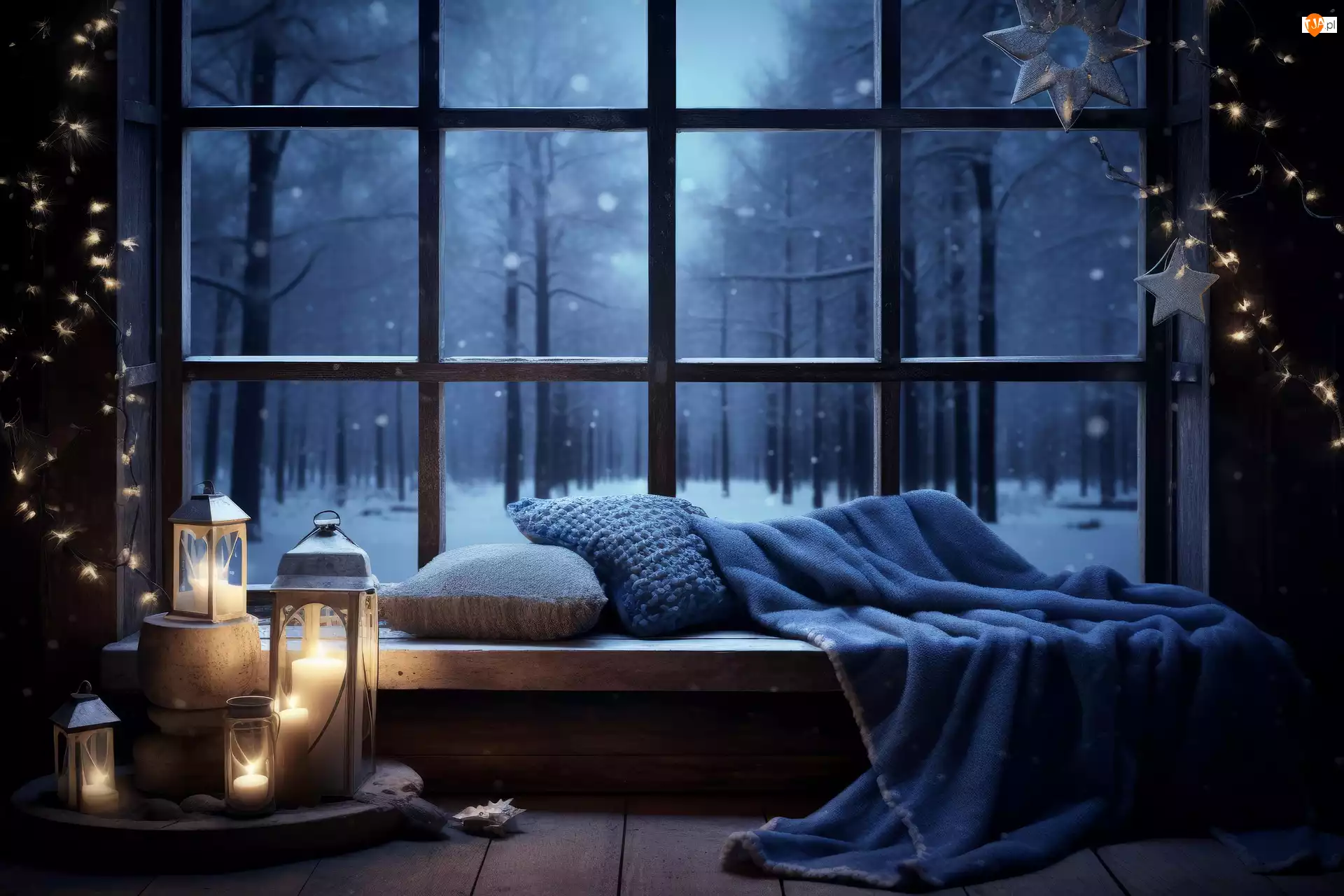 Gwiazdki, Poduszki, Las, Pled, Świeczki, Drzewa, Okno, Świąteczne, Zima, Światełka, Śnieg
