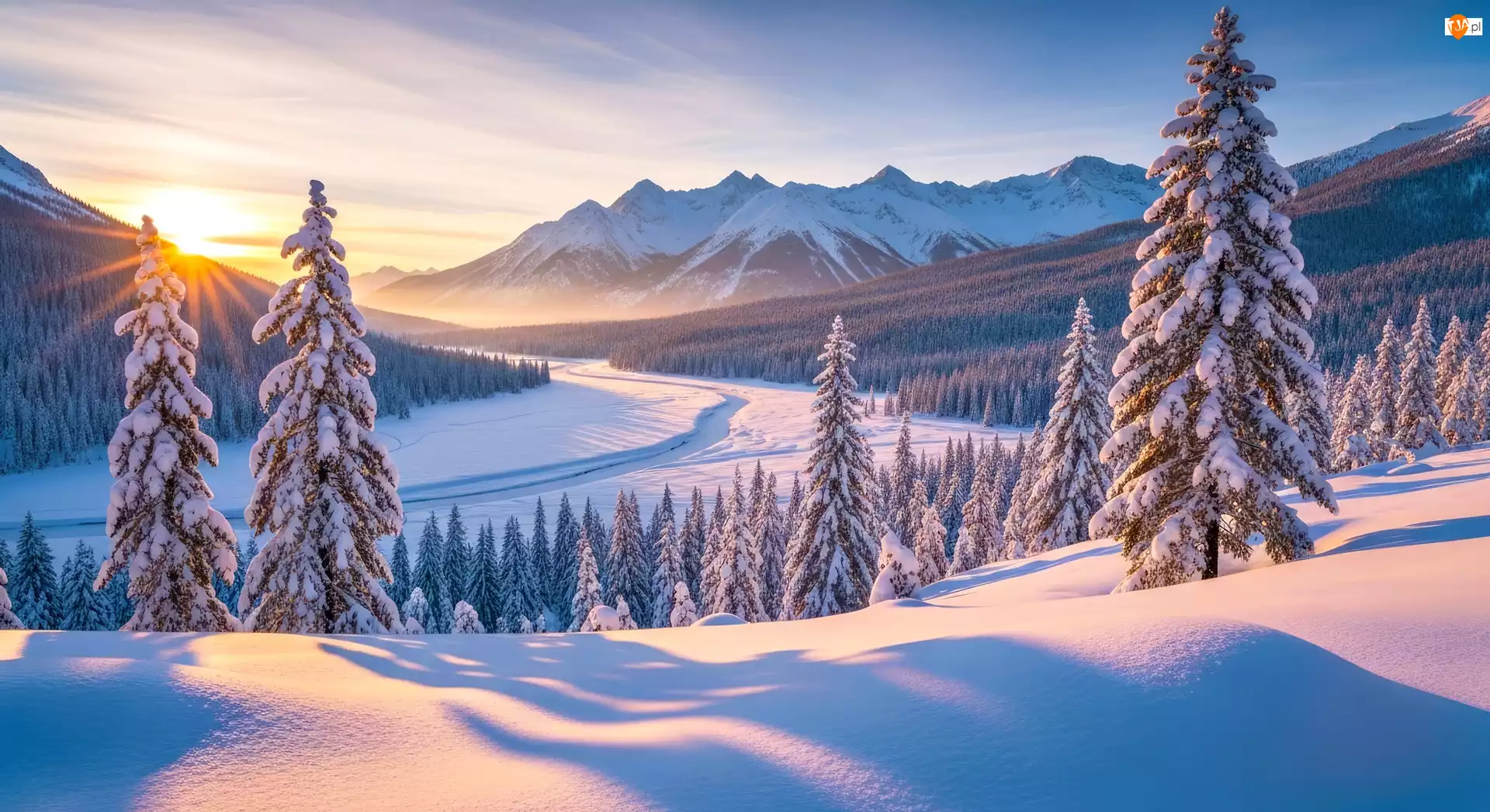 Drzewa, Zima, Góry, Grafika AI, Dolina, Wschód słońca