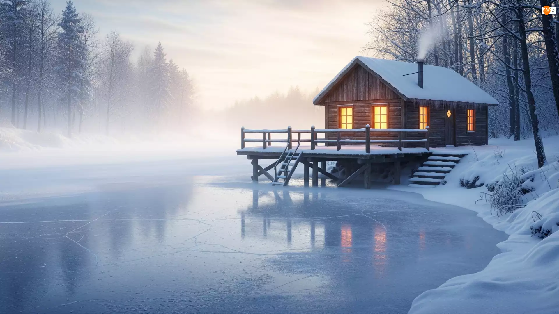 Dom, Mgła, Rzeka, Zima, Drzewa