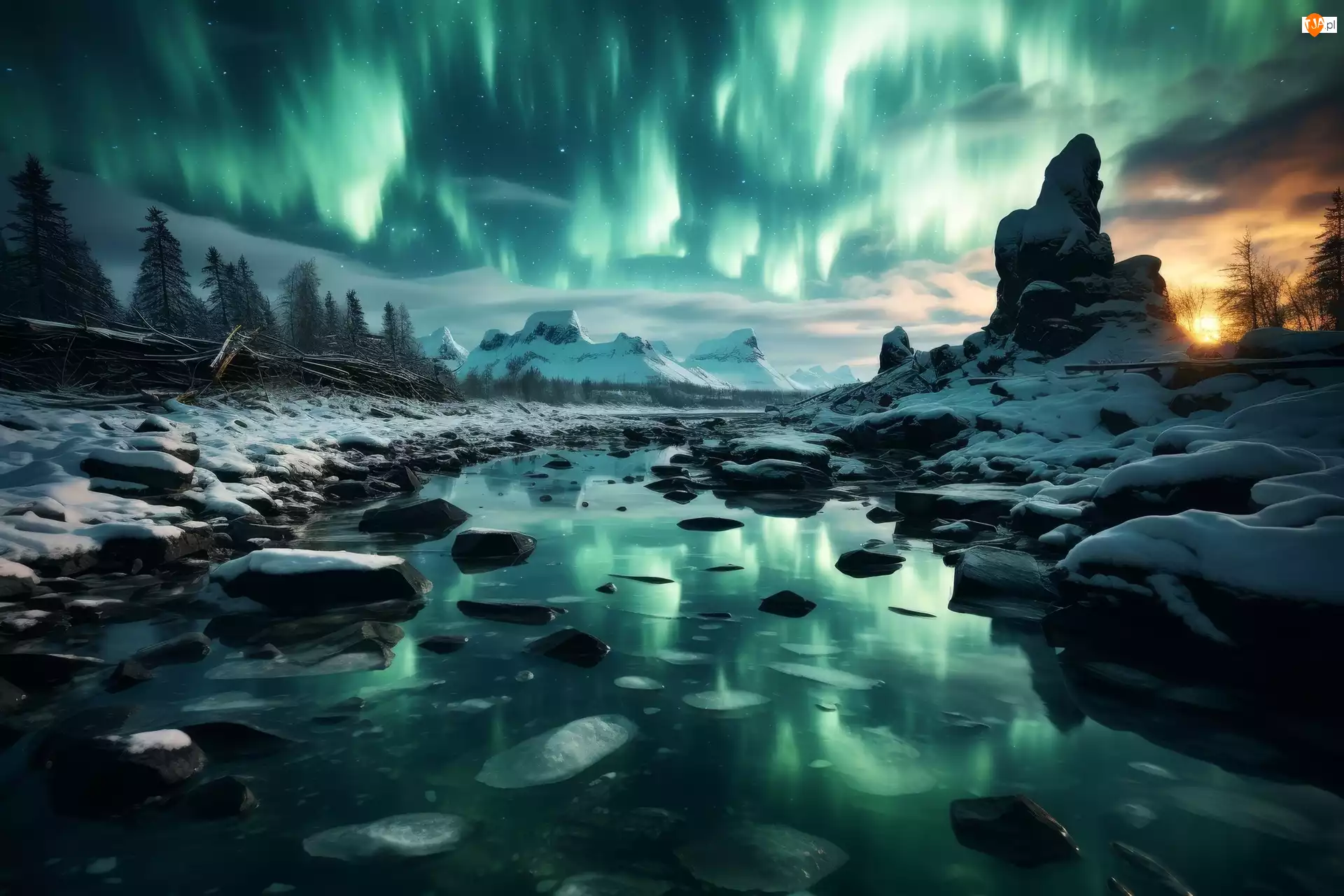 Skały, Rzeka, Zorza polarna, Odbicie, Zima, Zachód słońca