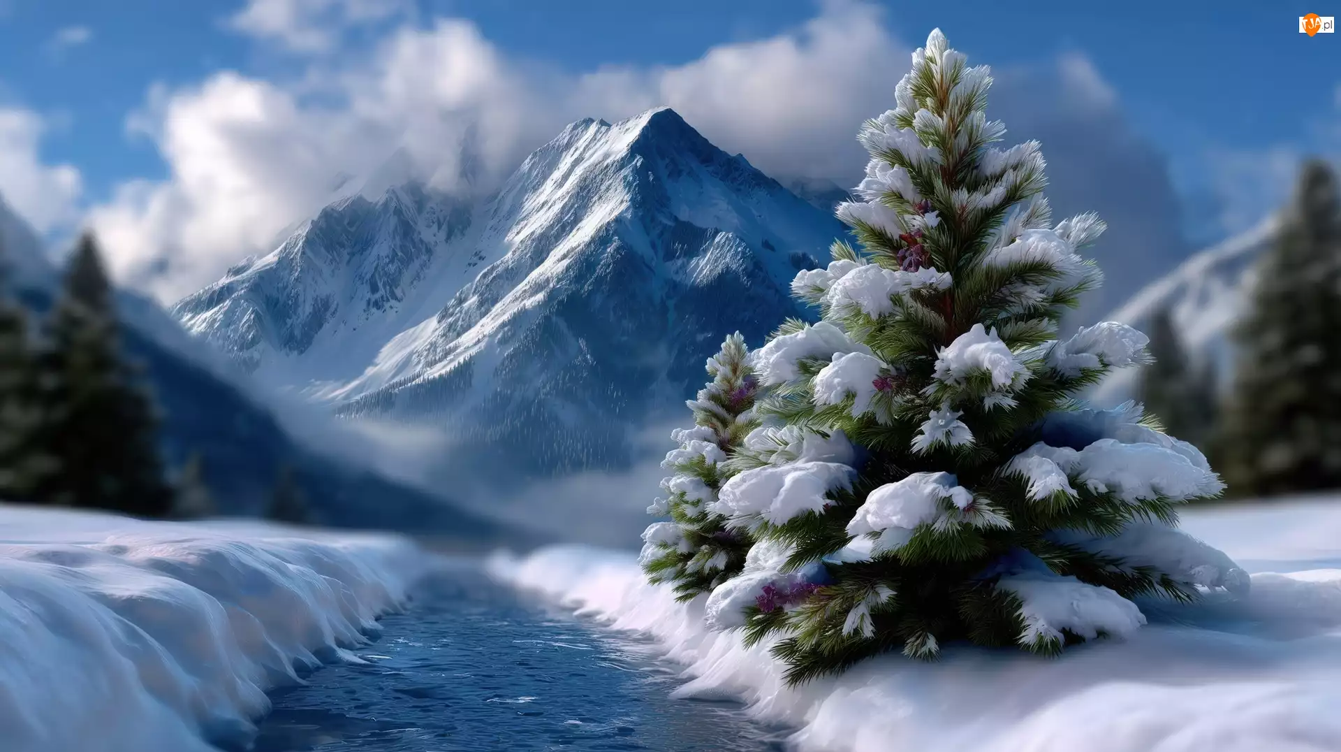 Drzewa, Grafika AI, Rzeka, Zima, Góry