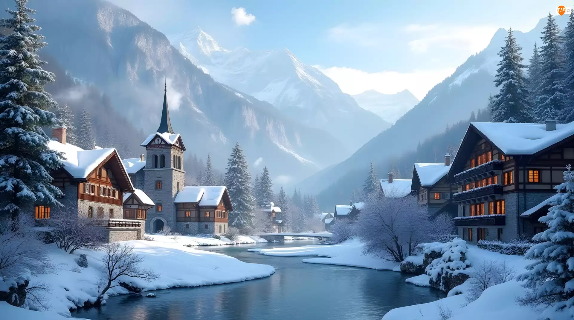Miasteczko, Zima, Kościół, Góry, Domy, Rzeka
