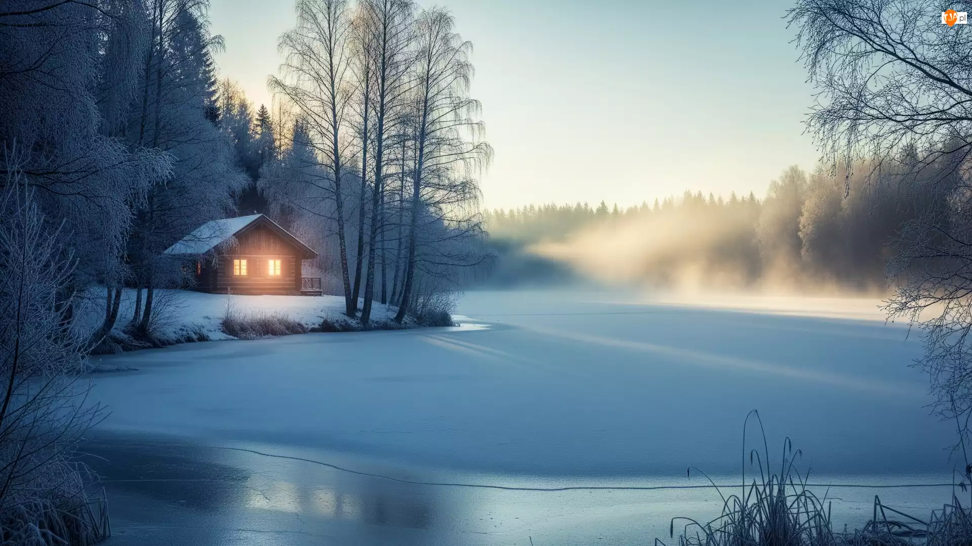 Jezioro, Lód, Śnieg, Zima, Dom, Drzewa, Mgła