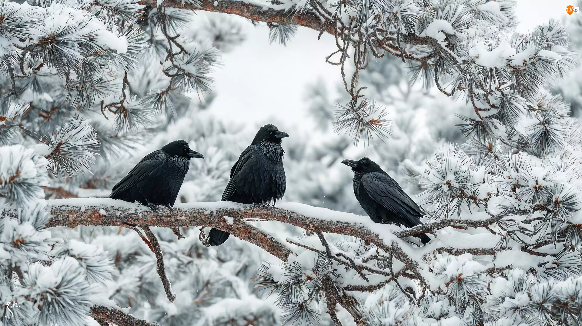 Kruki, Gałąź, Grafika AI, Trzy, Zima, Śnieg, Sosna