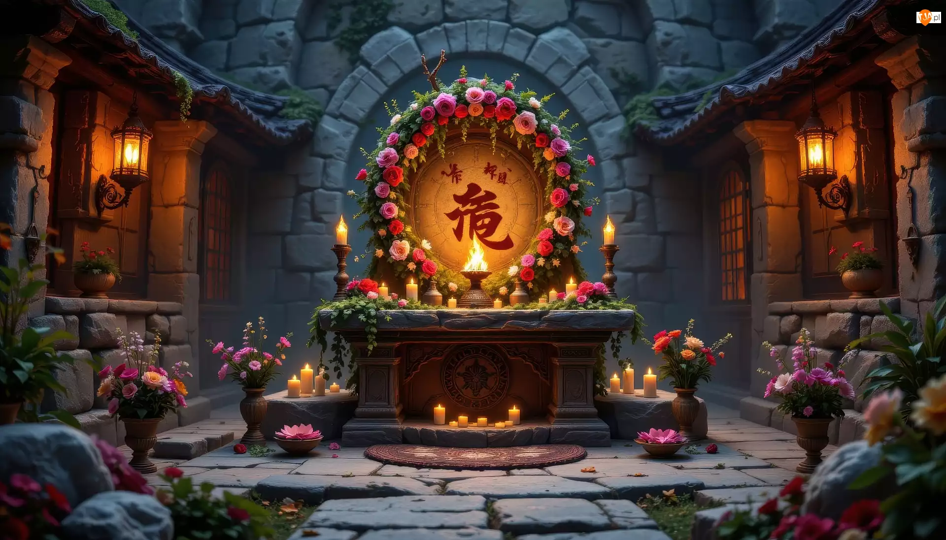 Znak, Kamienna, Chiński, Wieniec, Latarnie, Budowla, Kwiaty, Ołtarz, Świece