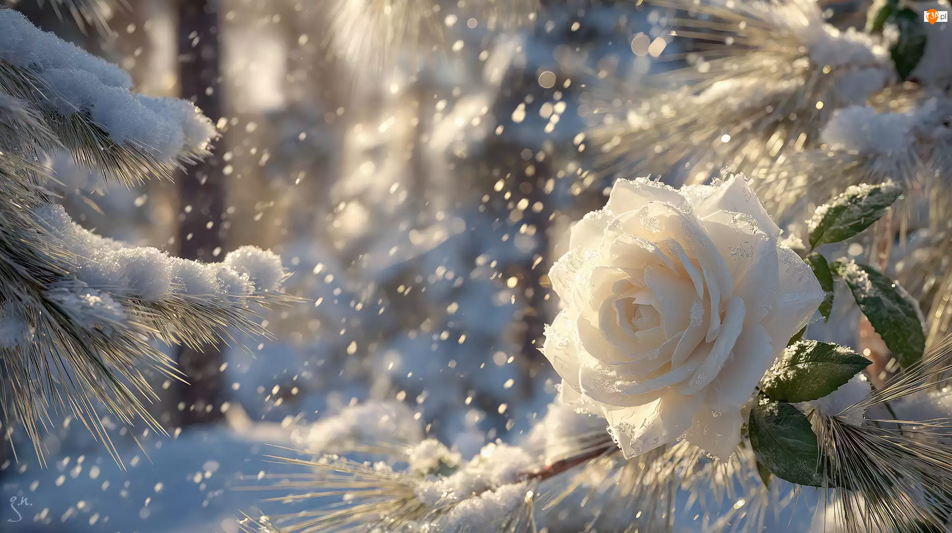 Róża, Biała, Gałązki, Grafika AI, Śnieg, Zima