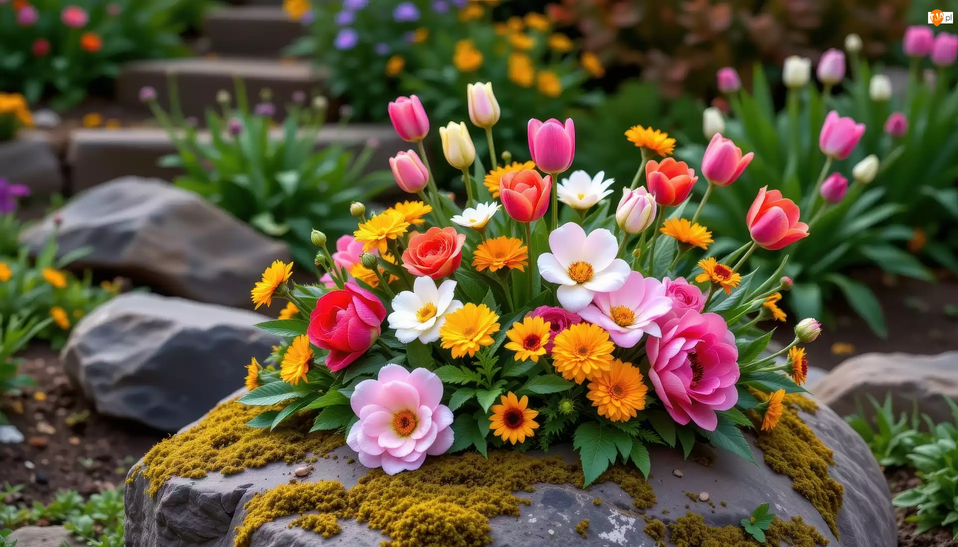 Liście, Kwiaty, Tulipany, Kamienie, Dalie, Gerbery, Mech, Róże