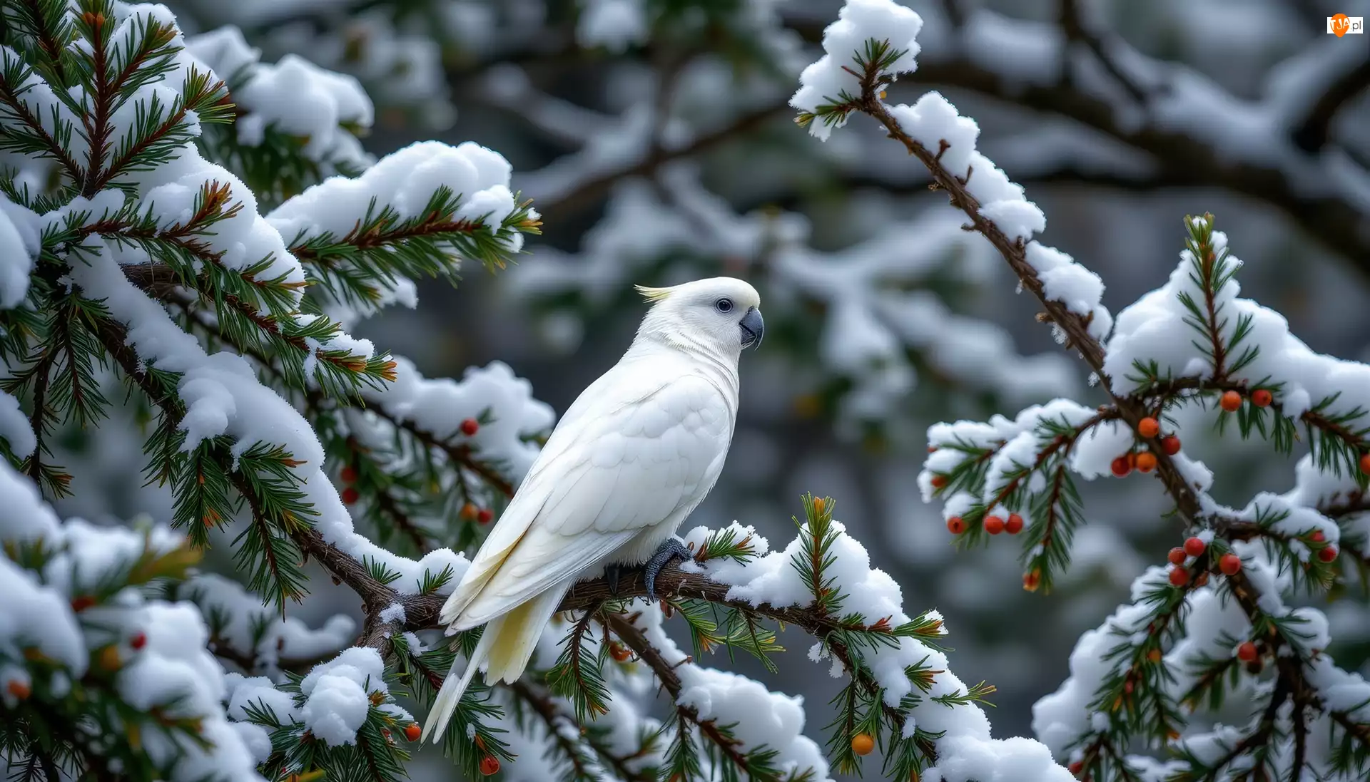 Papuga, Biała, Śnieg, Grafika AI, Gałęzie, Zima